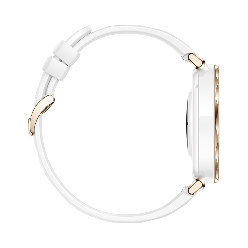 Smartwatch blanca con bisel dorado, correa blanca, vista lateral. Fondo negro.