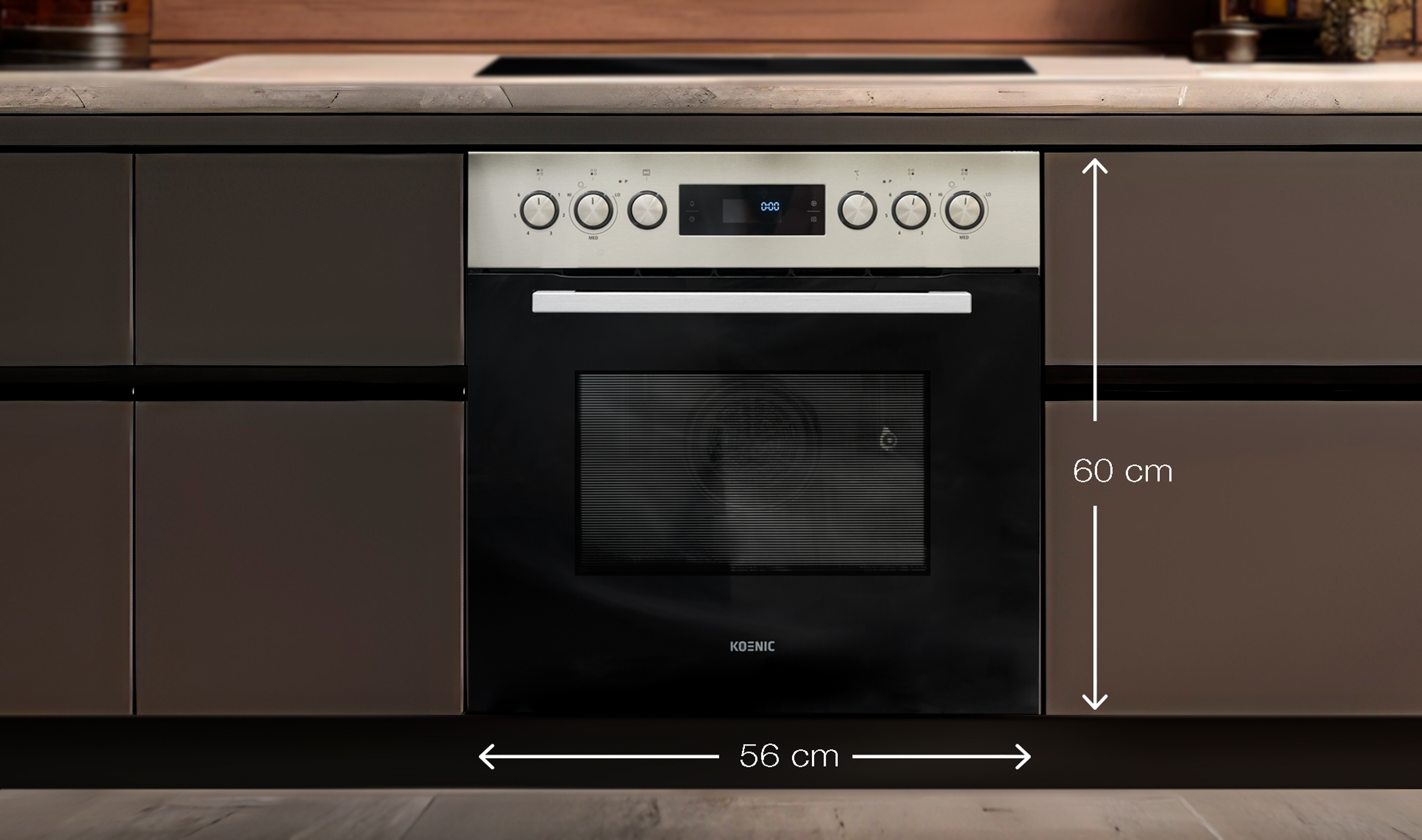 Einbau-Backofen in einer Küche, mit Maßangaben.