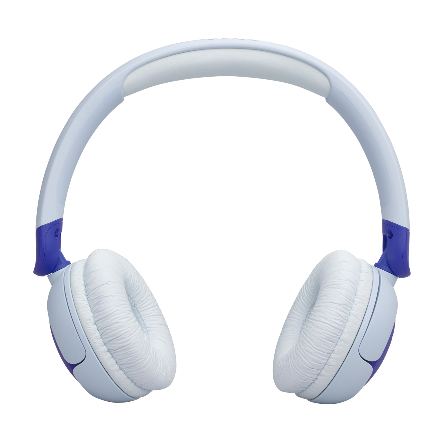 Light blue headphones with white padded earcups and purple accents on a black background.