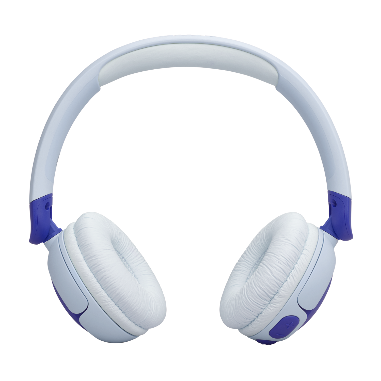 Over-ear headphones with light blue earcups and headband, purple accents. The headphones are against a black background.