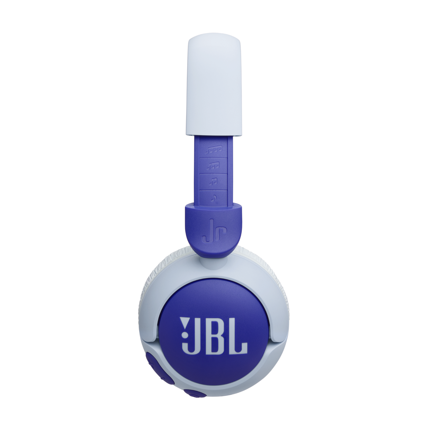 Blue and white JBL headphones. The headphones have a white headband and a blue ear cup with the JBL logo.