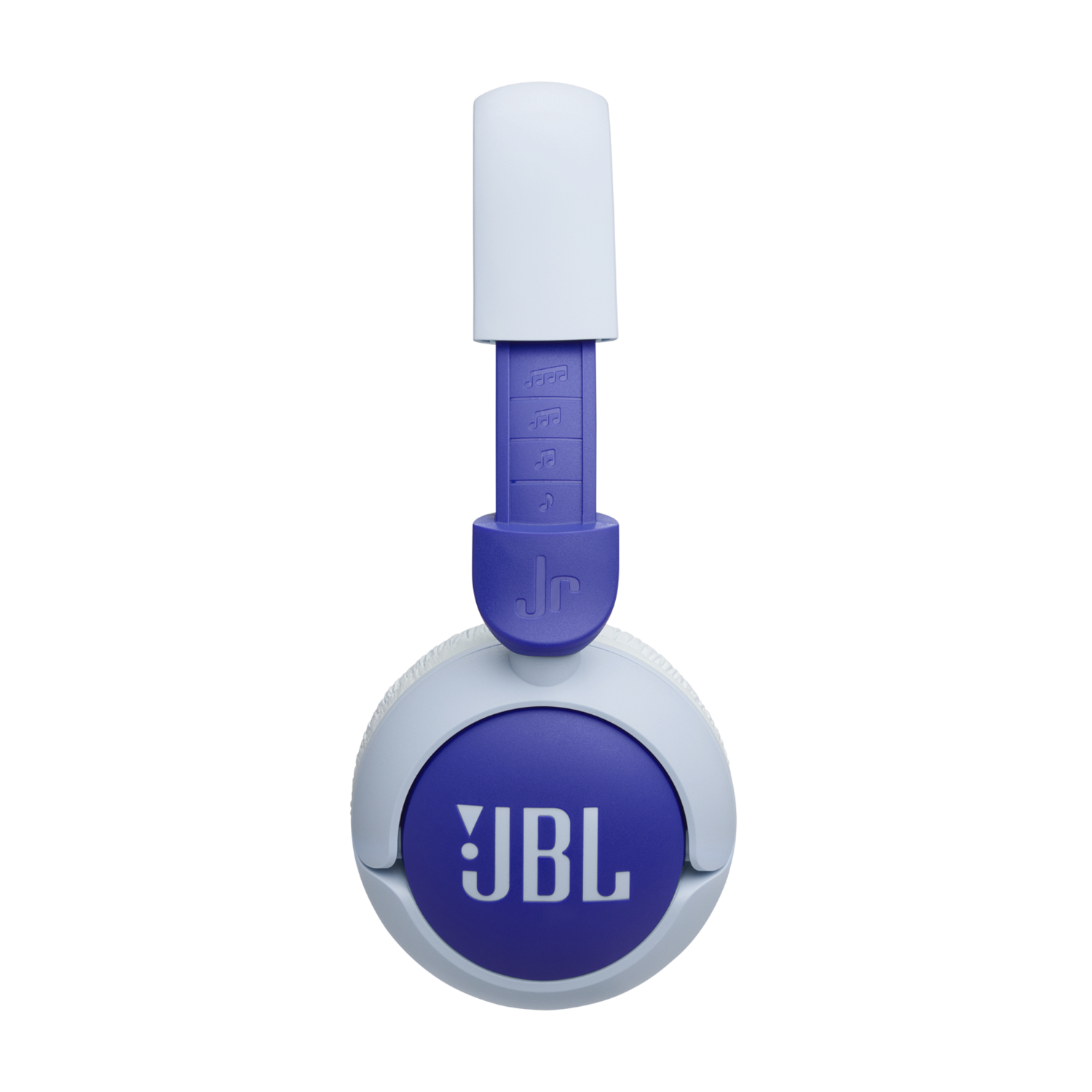 White and blue JBL headphones. The headband is white, and the earcups are blue with the JBL logo.
