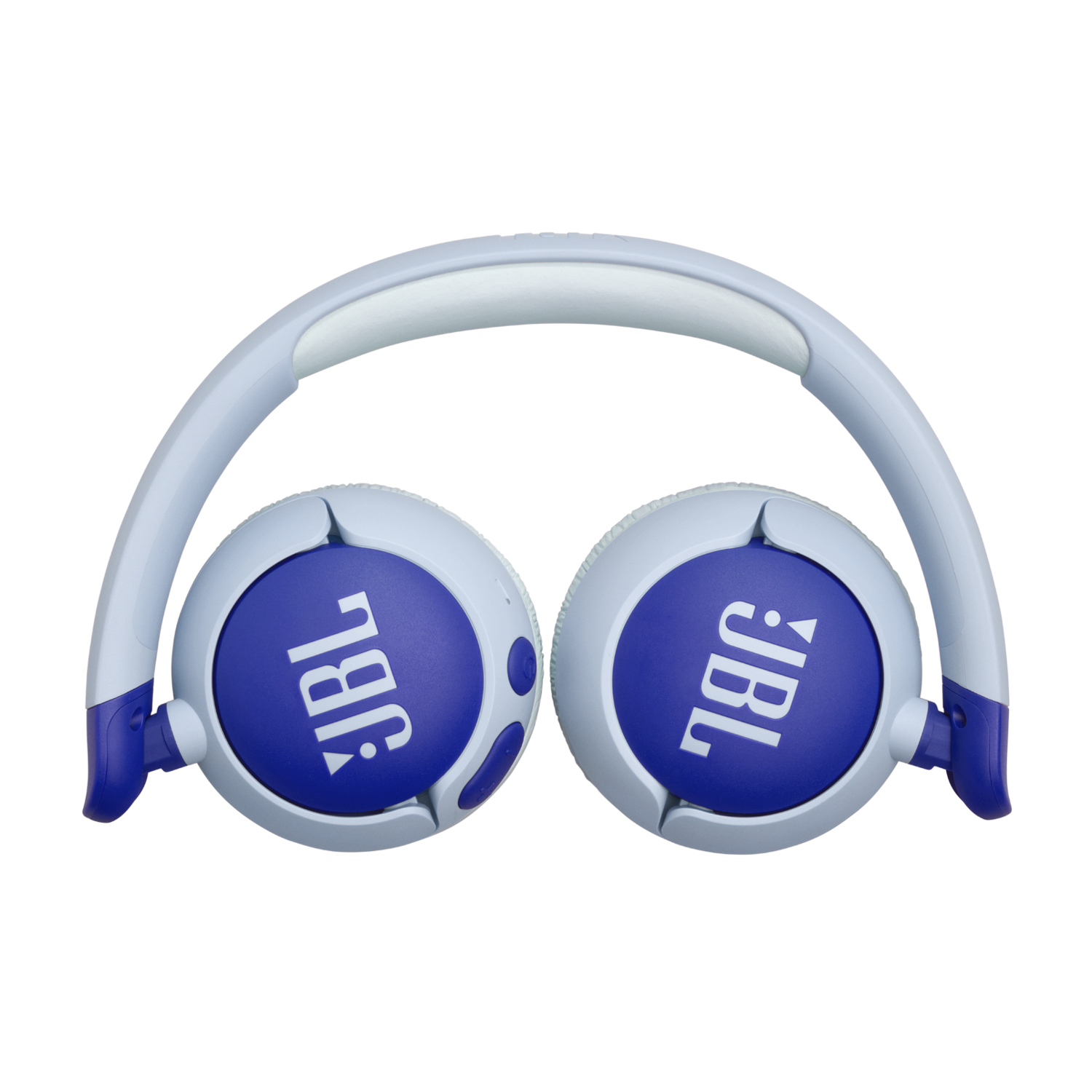 Blue and white JBL headphones, isolated on black.