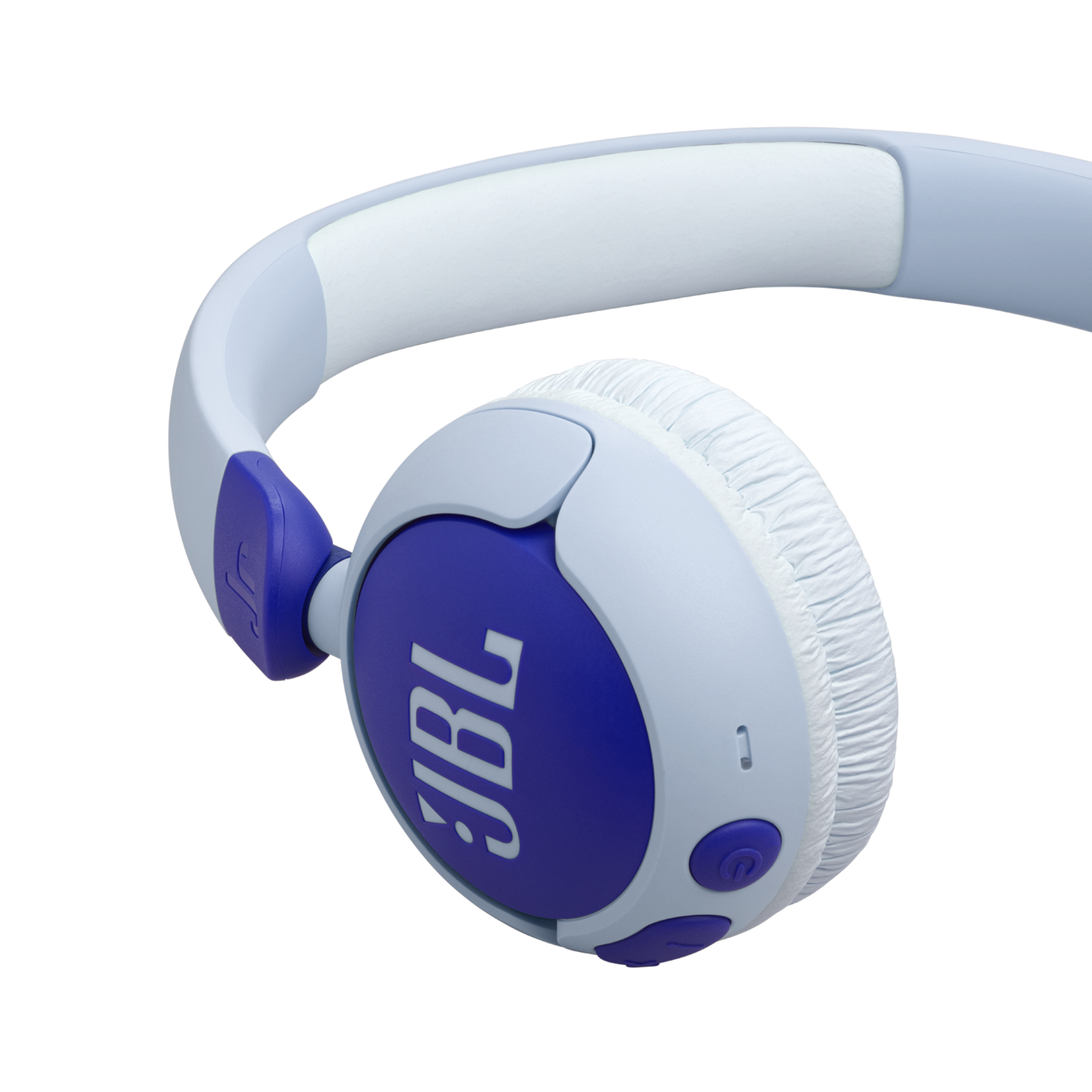 Close-up of blue and purple JBL headphones. The earcups are blue, and the logo is purple.