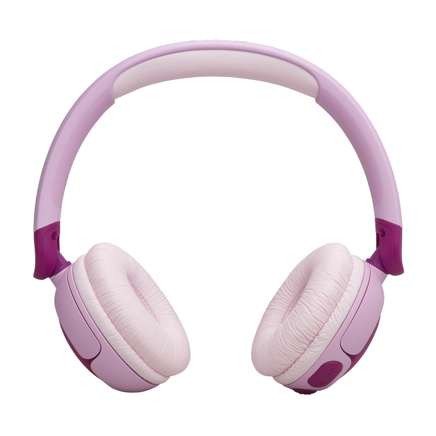 Pink wireless headphones on a black background.