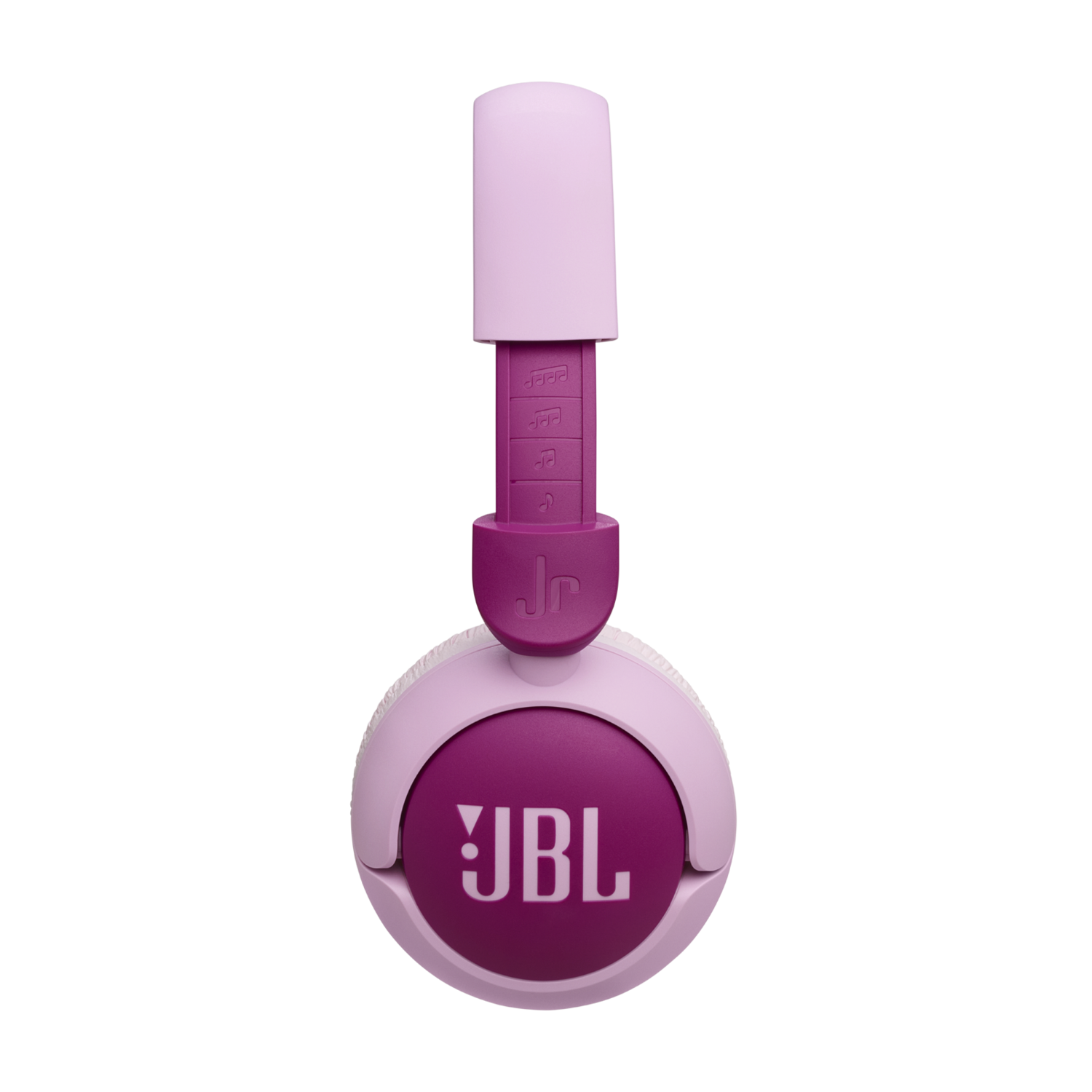 Pink and white JBL headphones, with a pink headband and ear cups, on a black background.