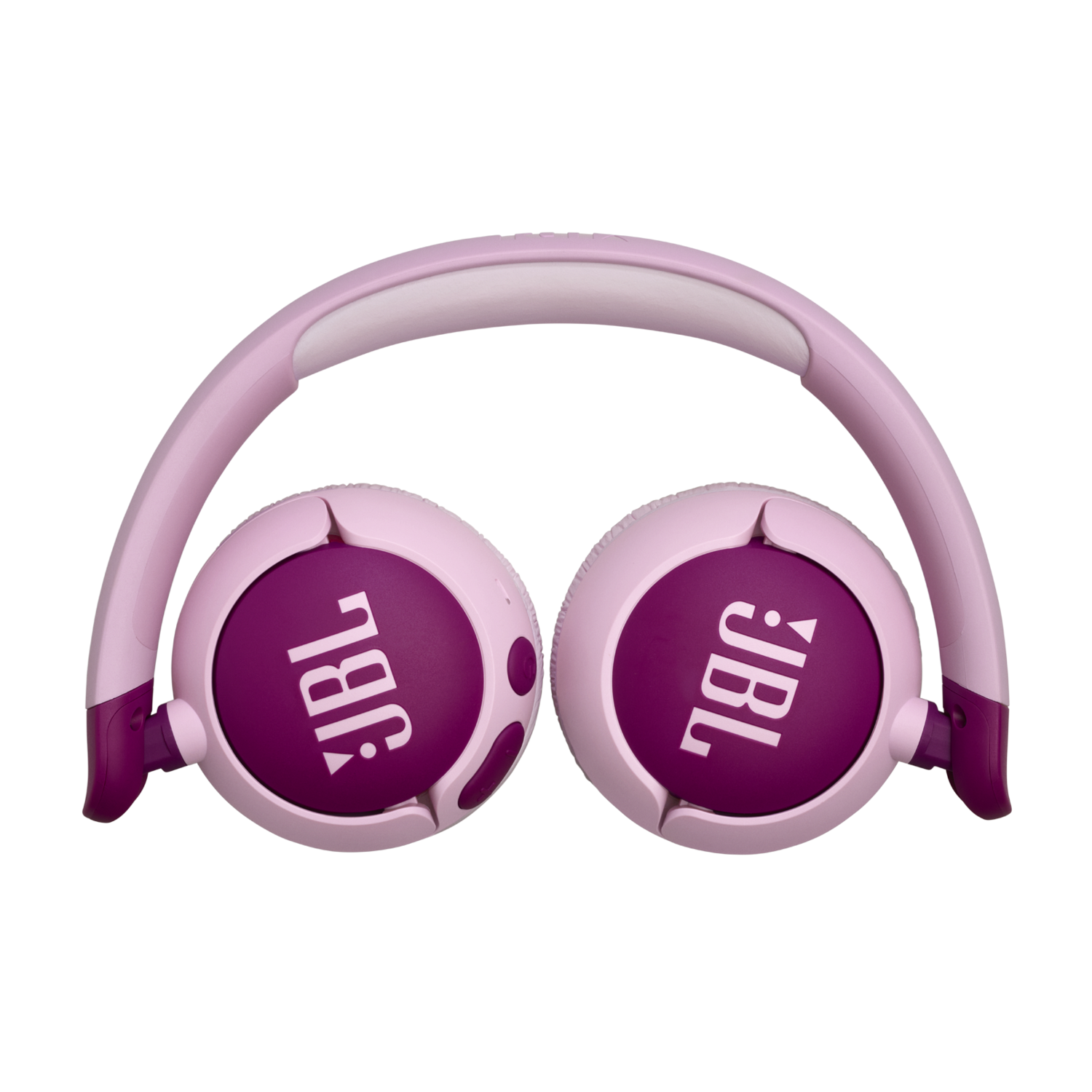 Pink JBL headphones with pink earcups and the JBL logo.