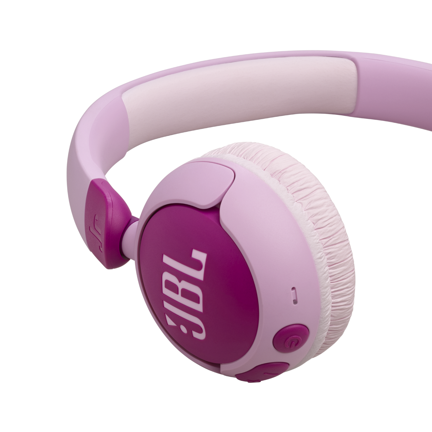 Pink and purple JBL headphones, angled view, on a black background. Focus on the ear cup.