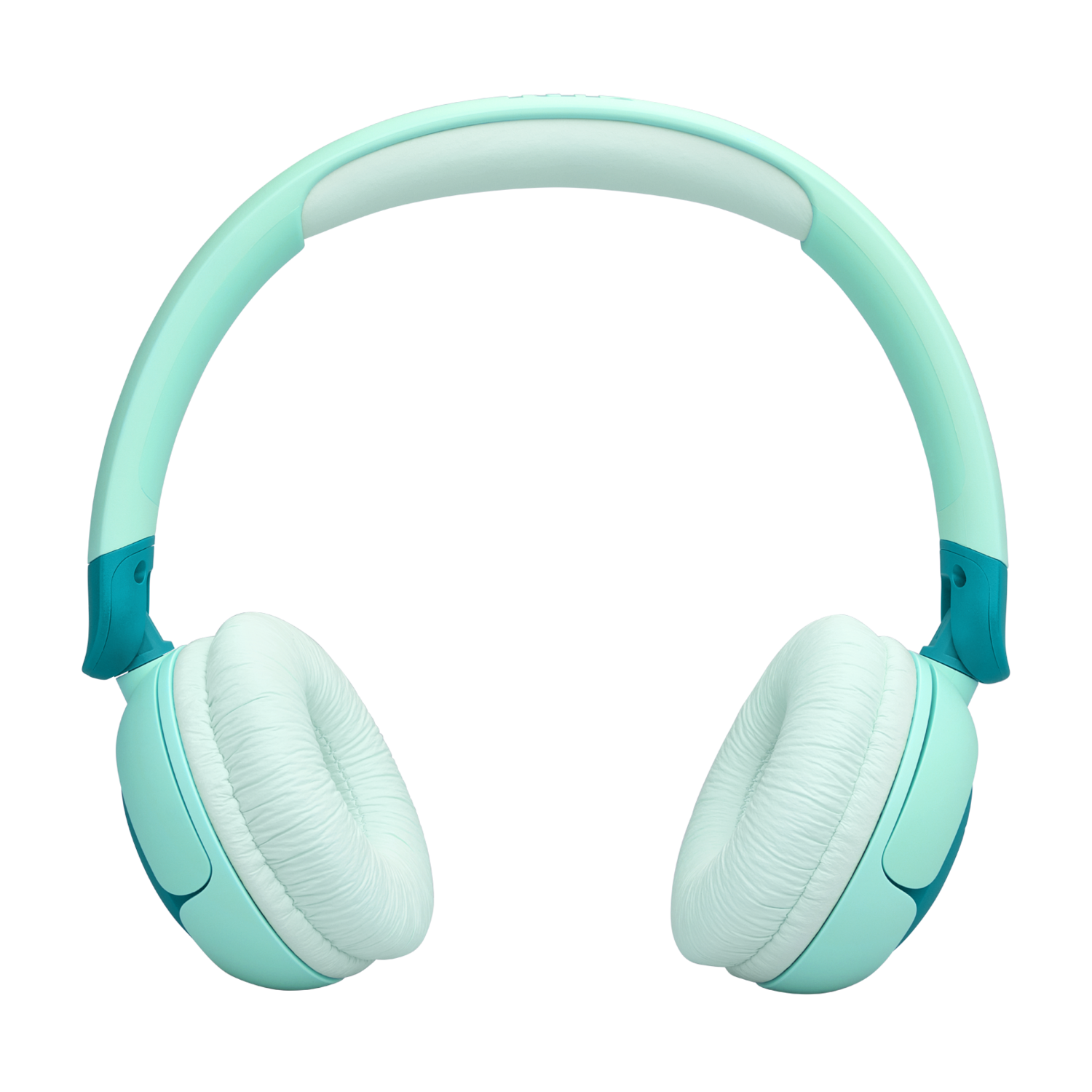 Turquoise koptelefoon. Ronde oorschelpen, gewatteerd. Turquoise hoofdband, turquoise en donkerblauwe details.
