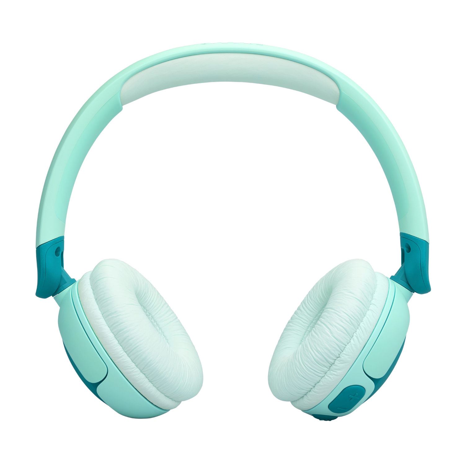 Blauwe en blauwgroene koptelefoon. De oorschelpen zijn blauwgroen en de hoofdband is blauw. Witte oorkussens.