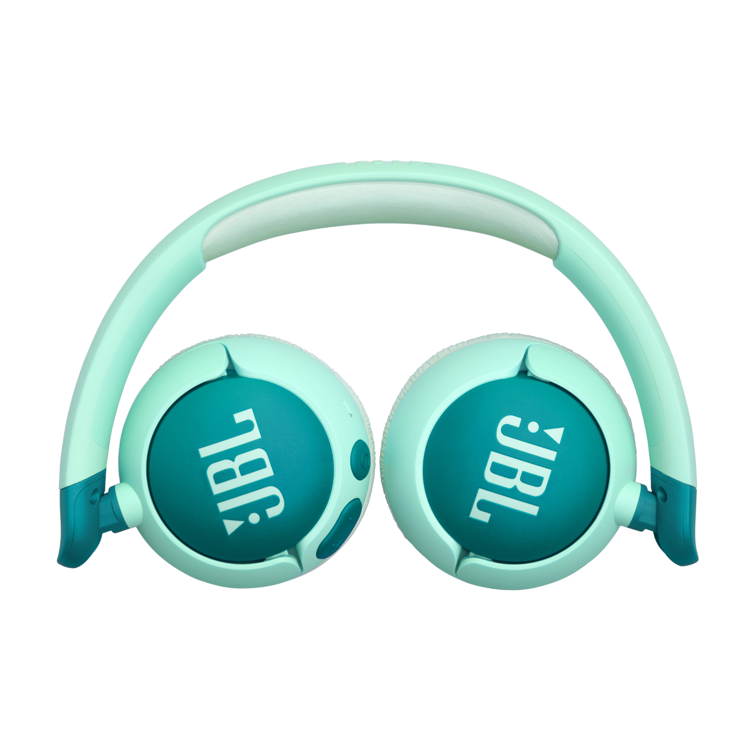 Turquoise en witte JBL-koptelefoon, geïsoleerd op zwarte achtergrond.