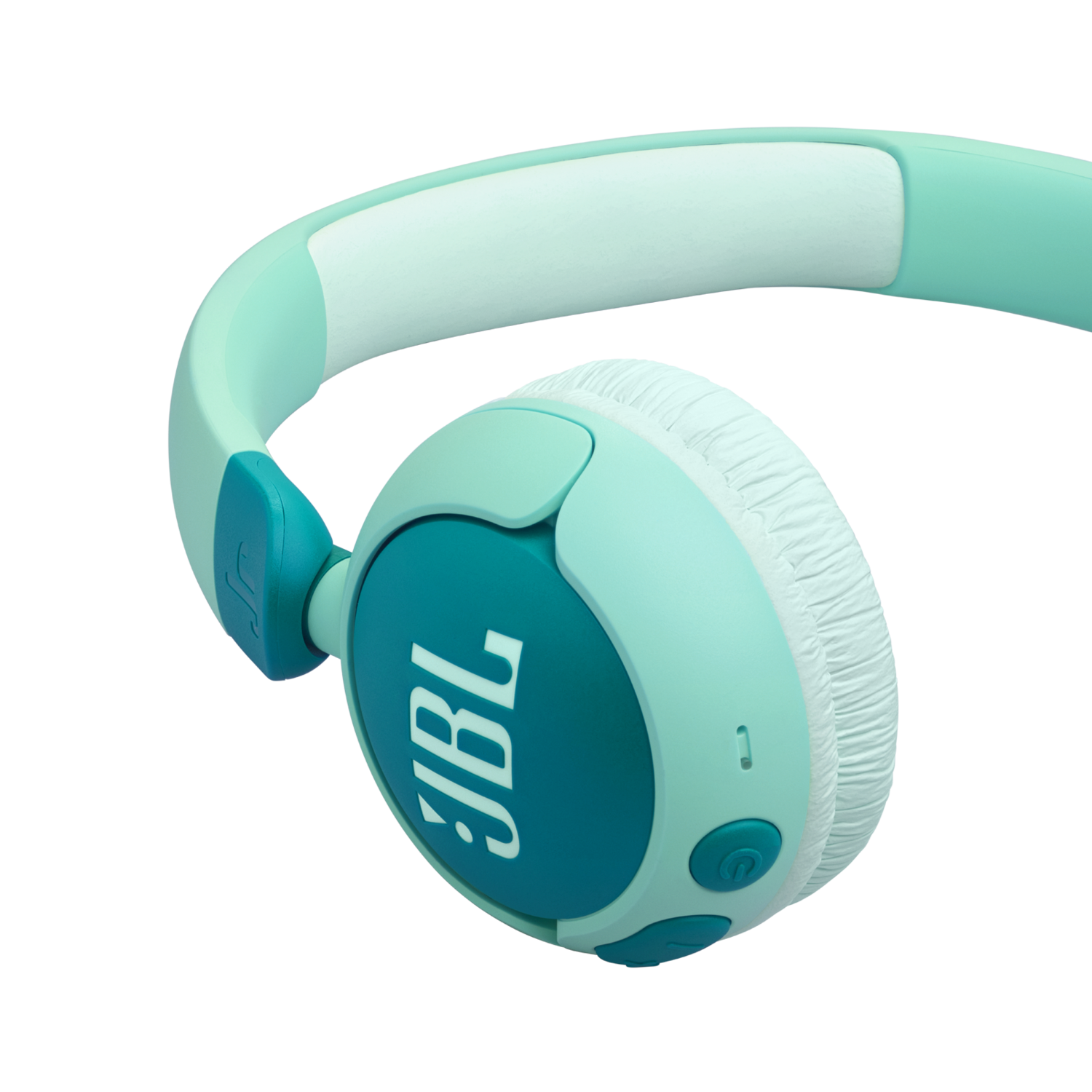 Groene en witte draadloze JBL-koptelefoon op zwarte achtergrond, schuine weergave.