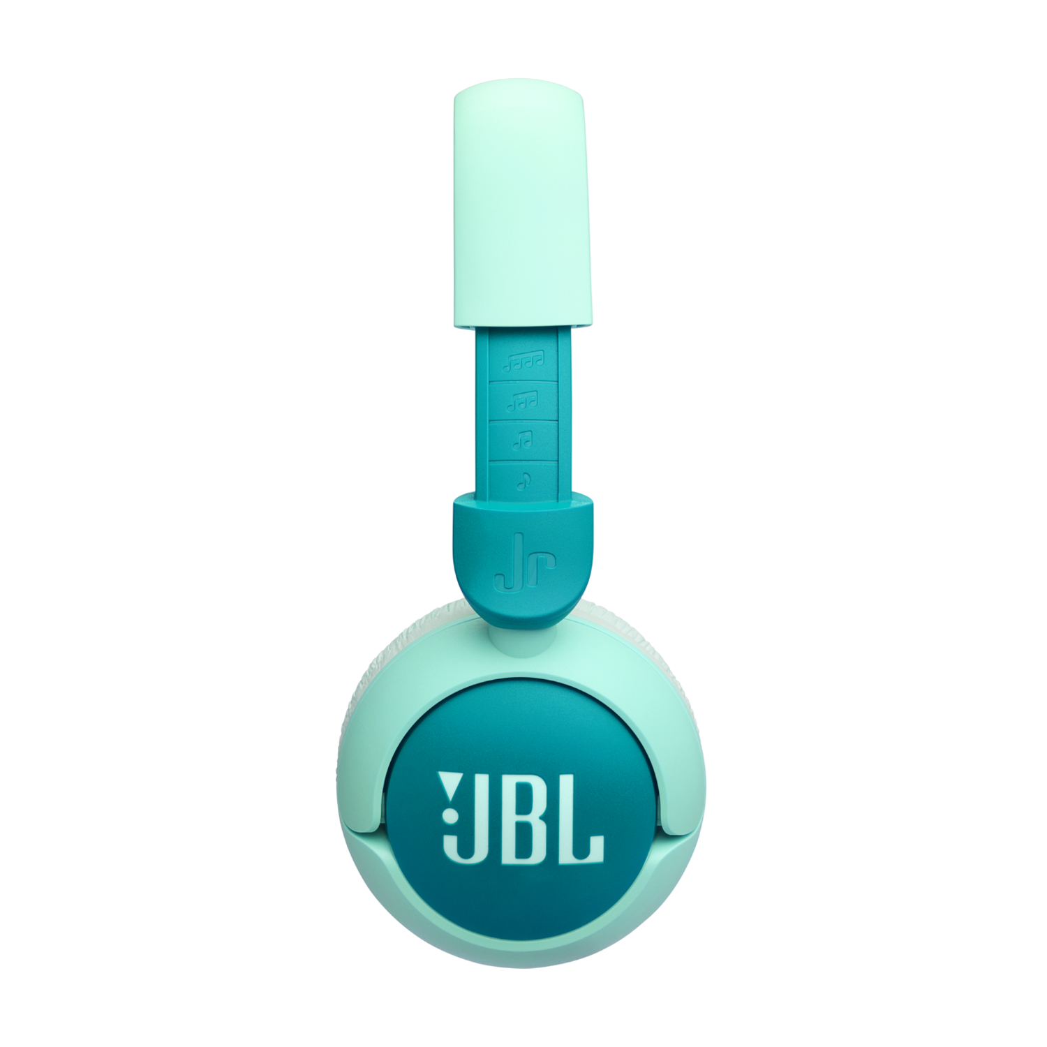 Turquoise en witte JBL-hoofdtelefoon met turquoise hoofdband en oorschelpen, op een zwarte achtergrond.
