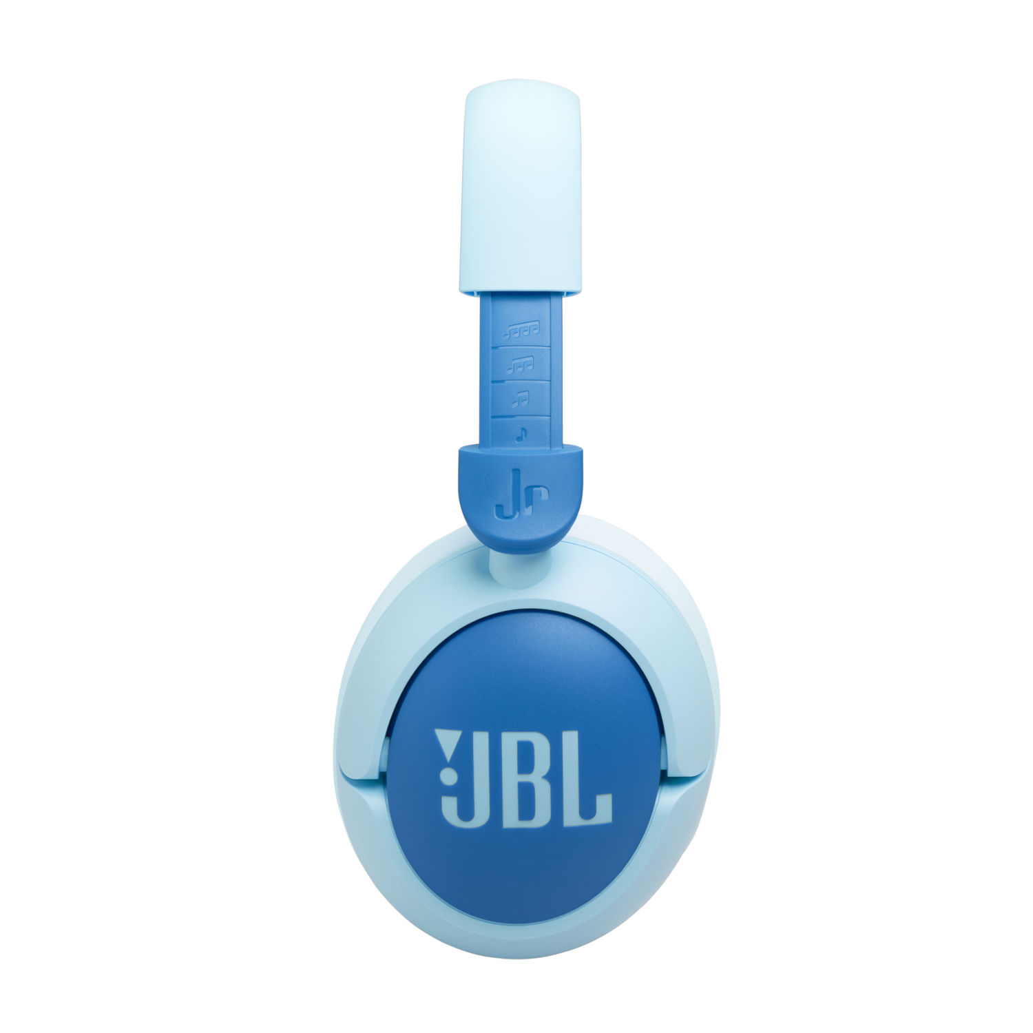 Light blue JBL Jr. headphones against a black background. They have a blue logo and a white adjustable top band.