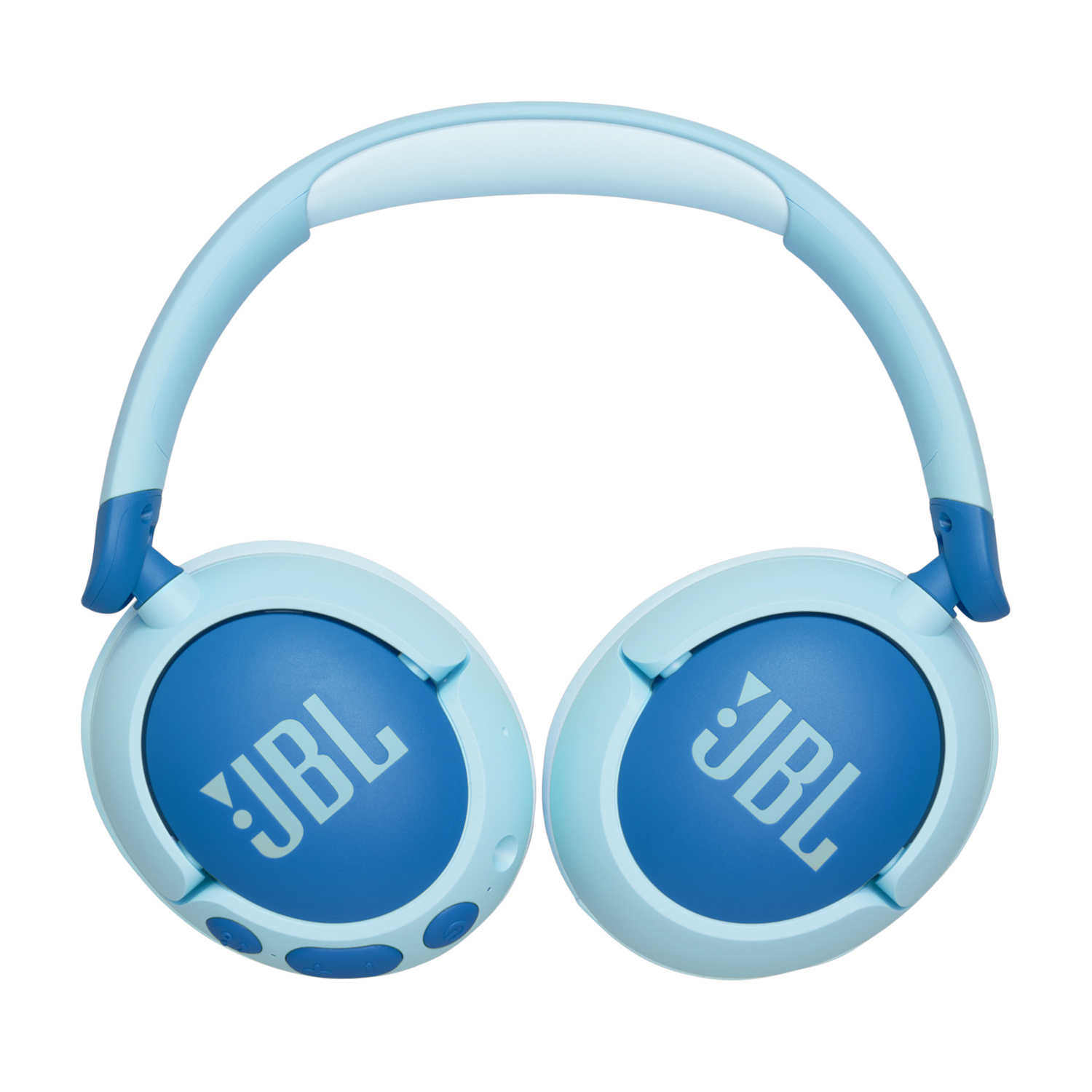 Blue JBL headphones, with a blue headband and earcups, on a black background.