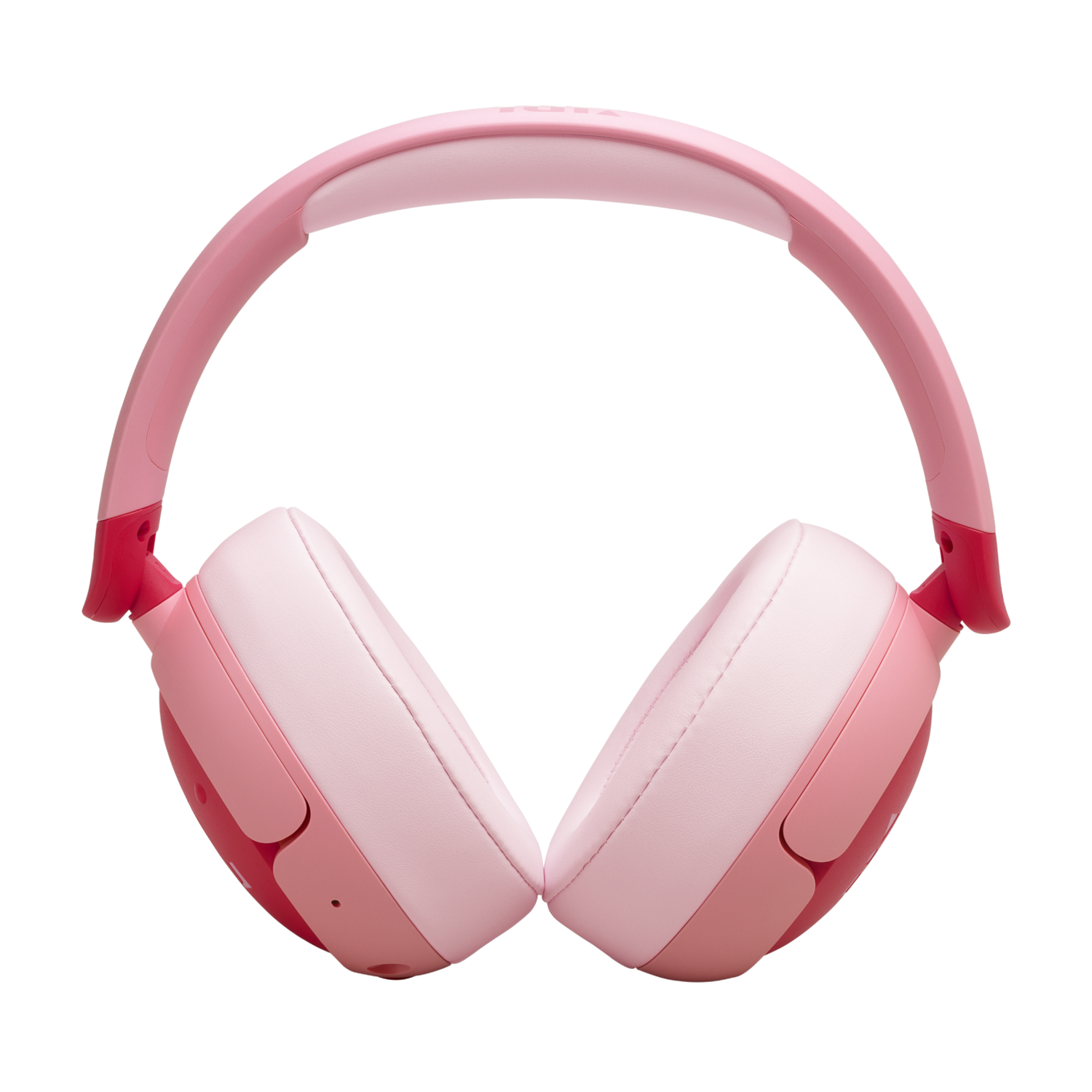 Pink headphones are displayed, with a black background. The earcups and headband are visible.