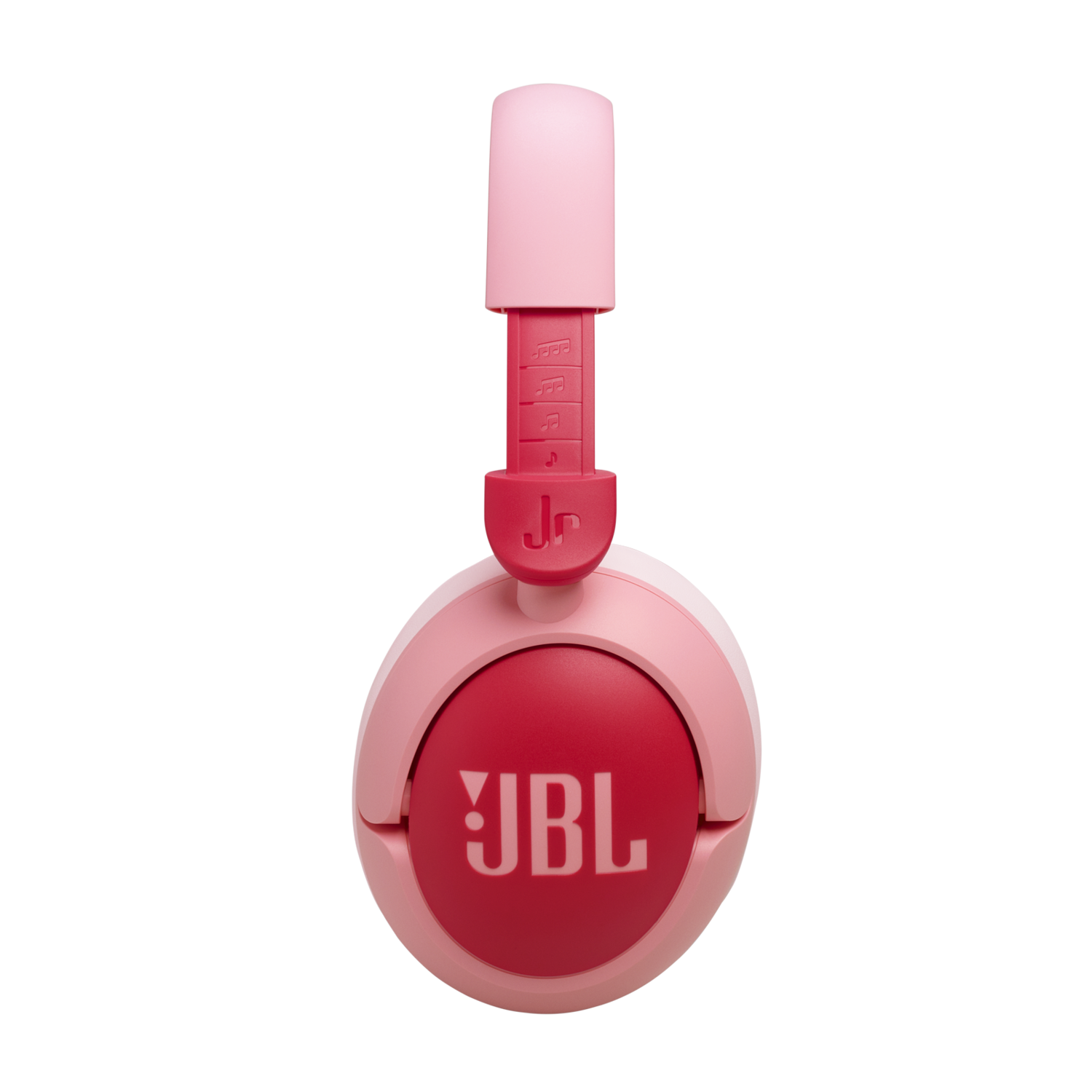 Pink and red JBL headphones with the JBL logo, isolated on a black background.
