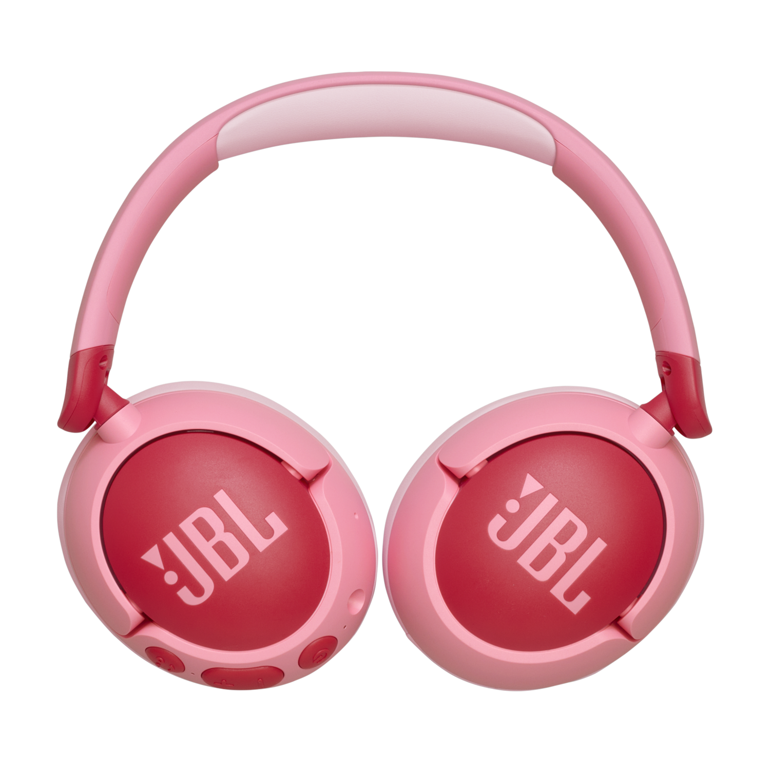 Pink JBL headphones. Ear cups are red with JBL logo.