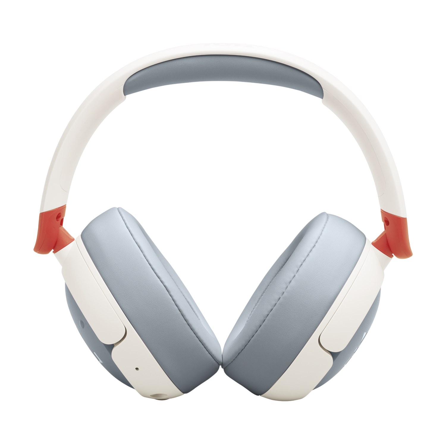 White and blue headphones with orange accents. The headphones are symmetrical and isolated on black.