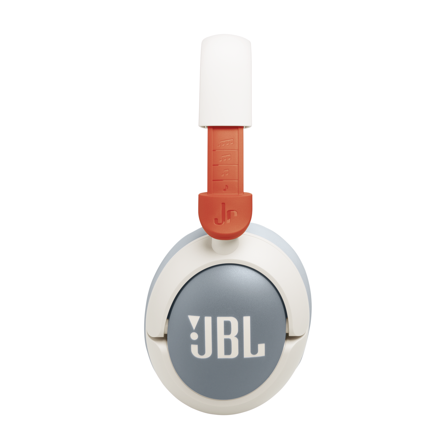 JBL headphones, white and orange with blue earcups and JBL logo.