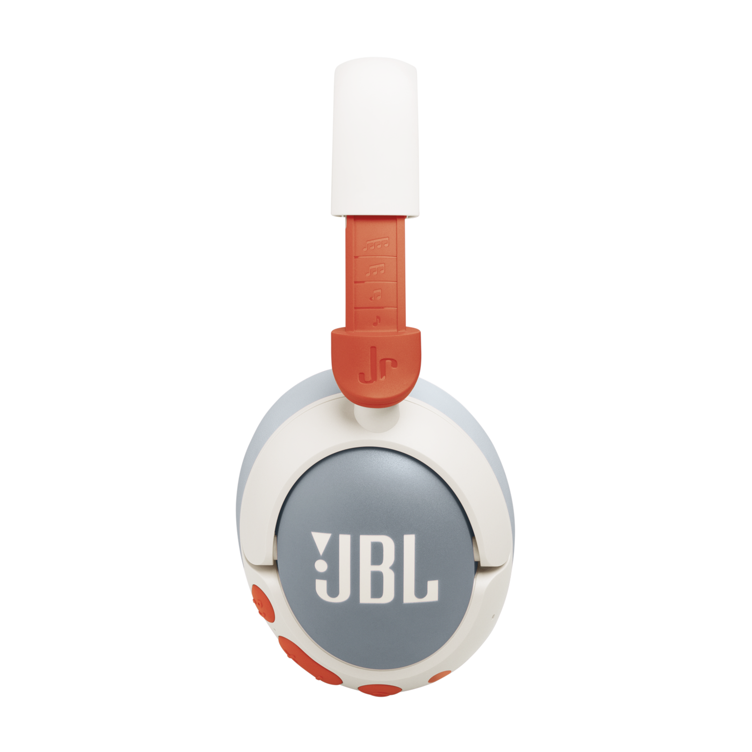 White and orange JBL headphones with the JBL logo, on a black background.
