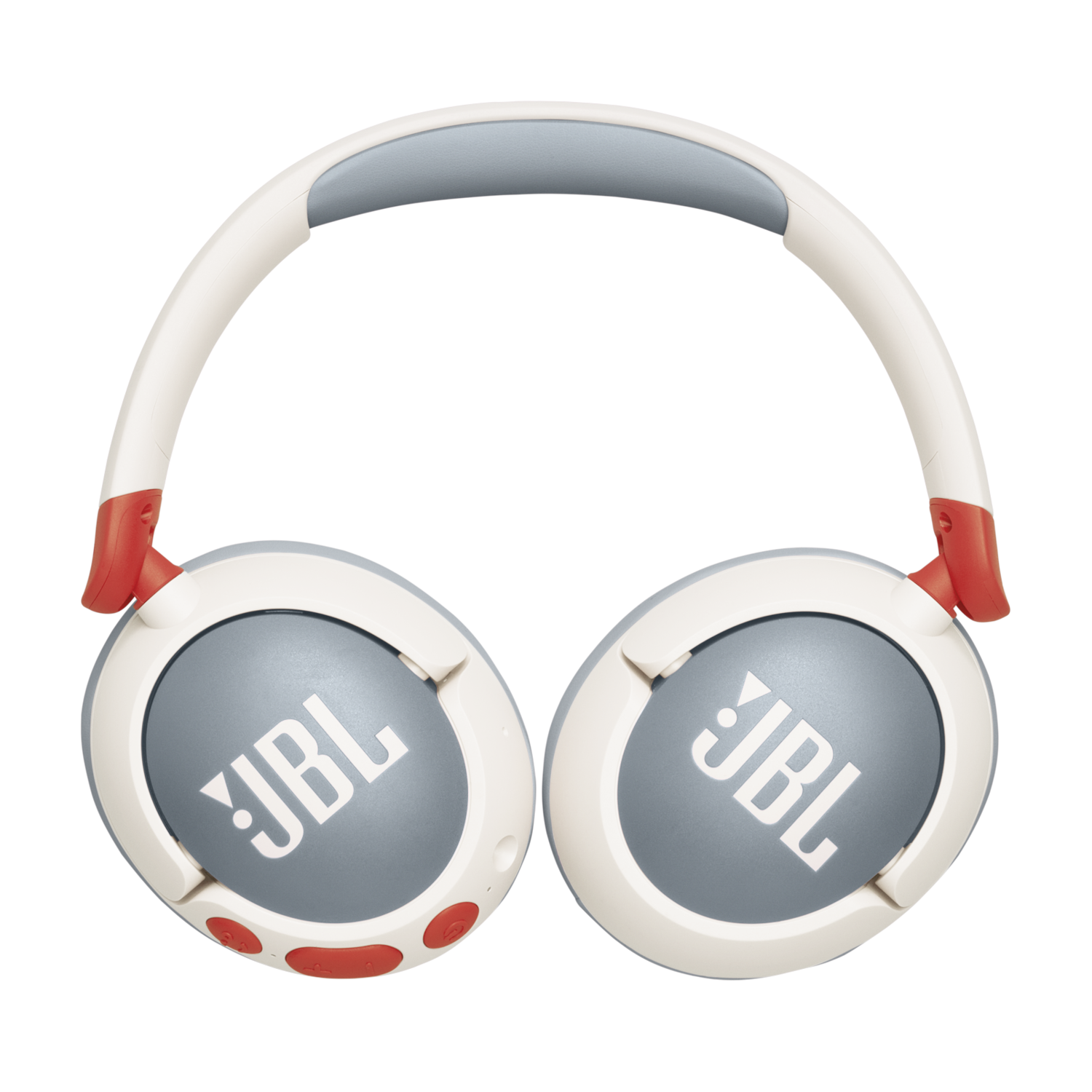 White and gray JBL headphones, with red accents on the ear cups.