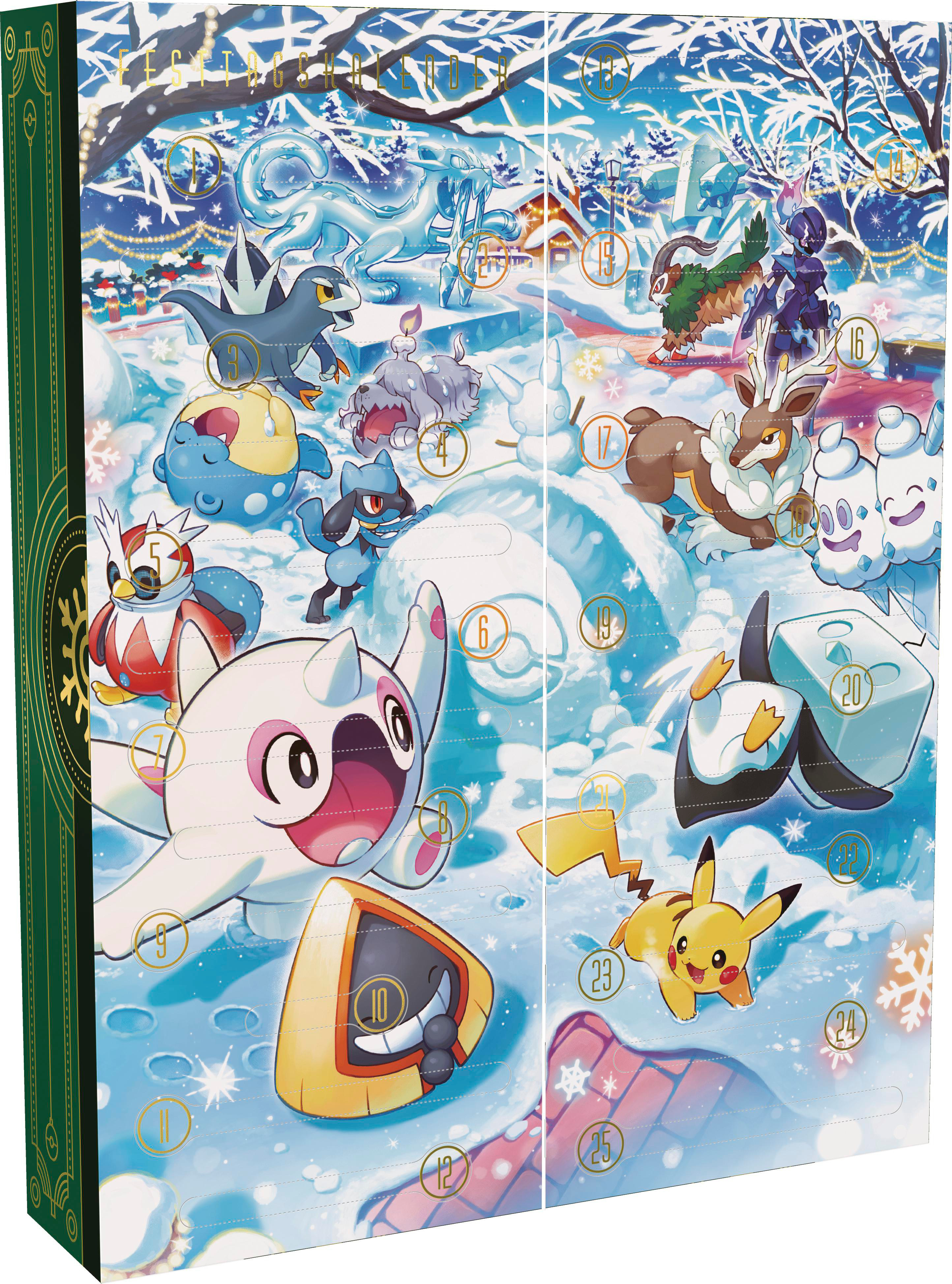 Adventskalender mit Schneelandschaft und verschiedenen Pokémon-Charakteren.
