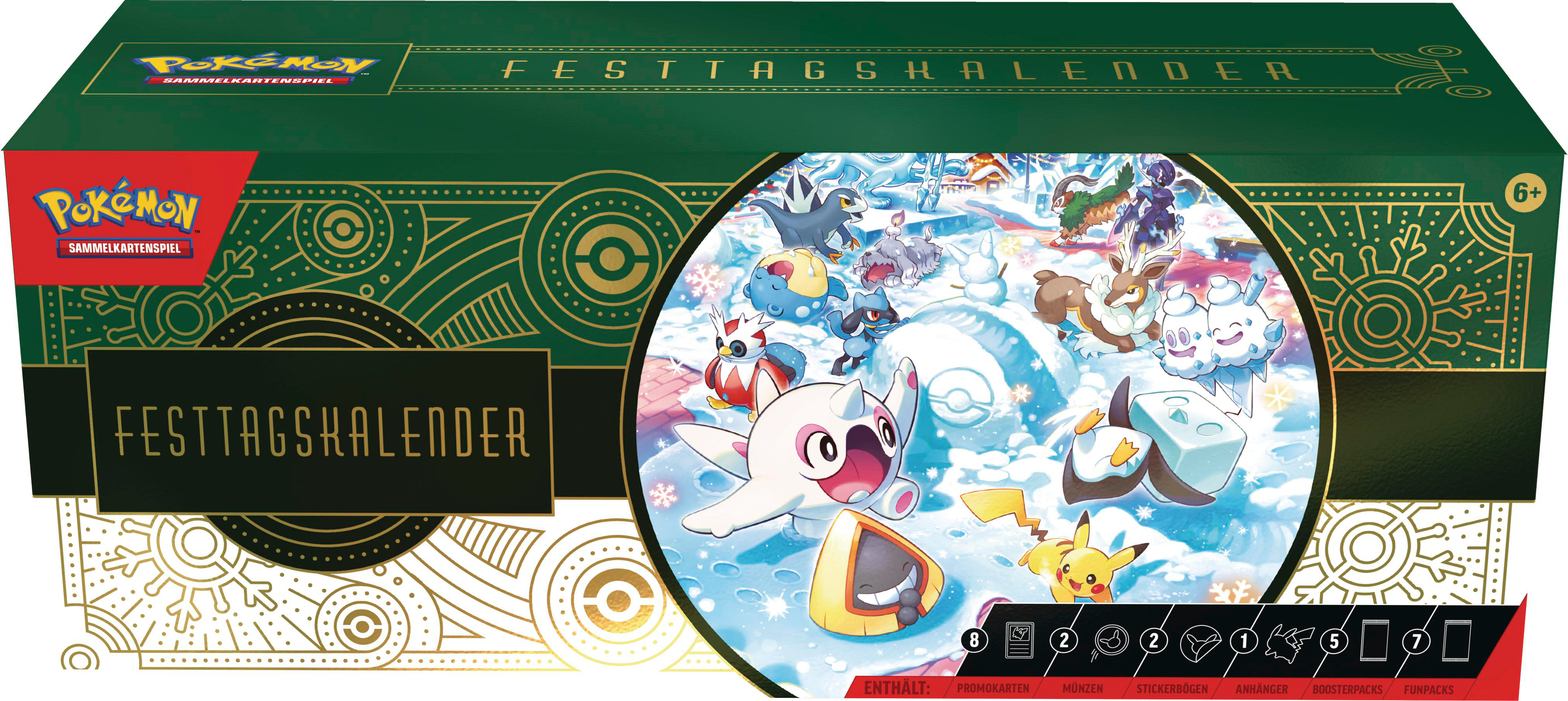 Grüne Pokémon Holiday Calendar Box, mit Winterszene mit Pokémon-Charakteren.