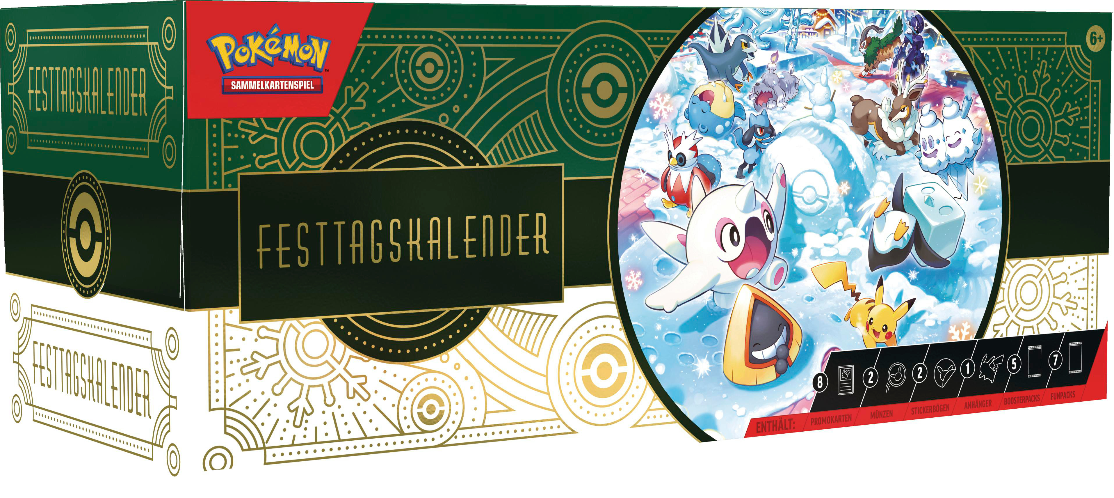 Pokémon Adventskalenderbox, Winterszene mit verschiedenen Pokémon-Charakteren.