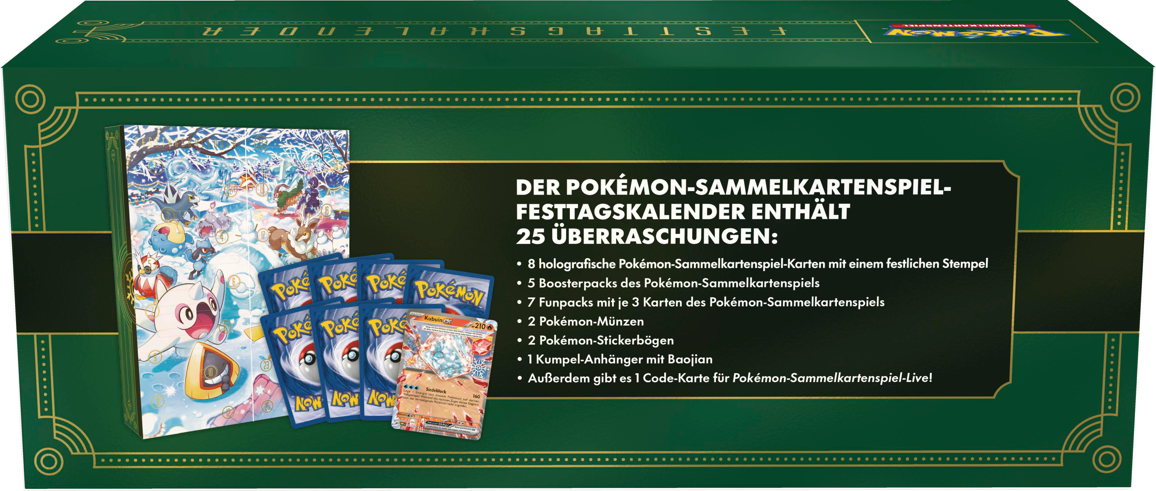 Eine grüne Box für einen Pokémon-Sammelkarten-Adventskalender. Text auf Deutsch, mit verschiedenen Pokémon-Karten.