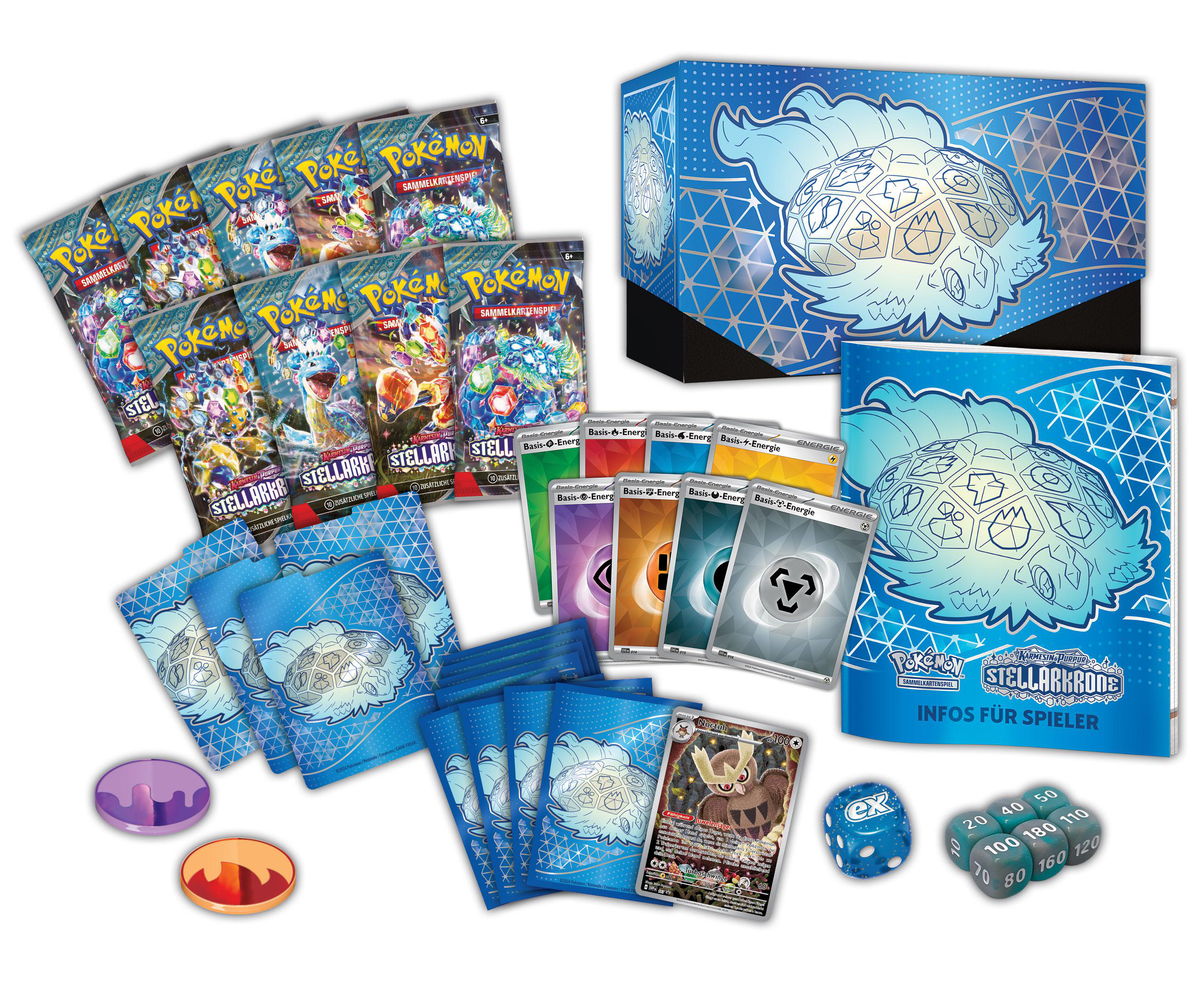 Verschiedene Pokémon-Kartenspielartikel: Booster-Packs, eine Spielmatte, Würfel, Energiekarten und eine Box.
