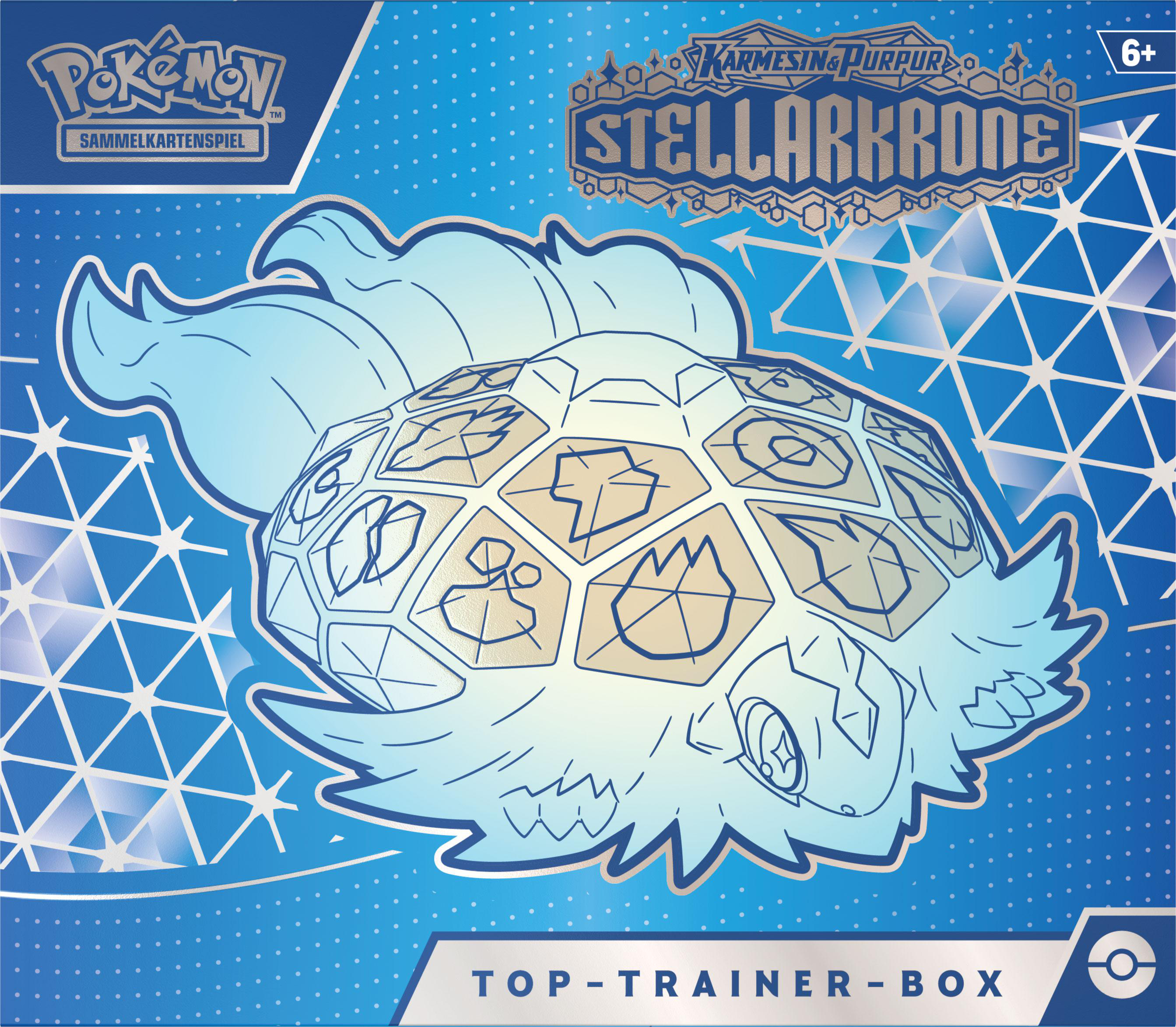 Eine blaue Box mit Pokémon-Design und dem Text 'TOP-TRAINER-BOX'.