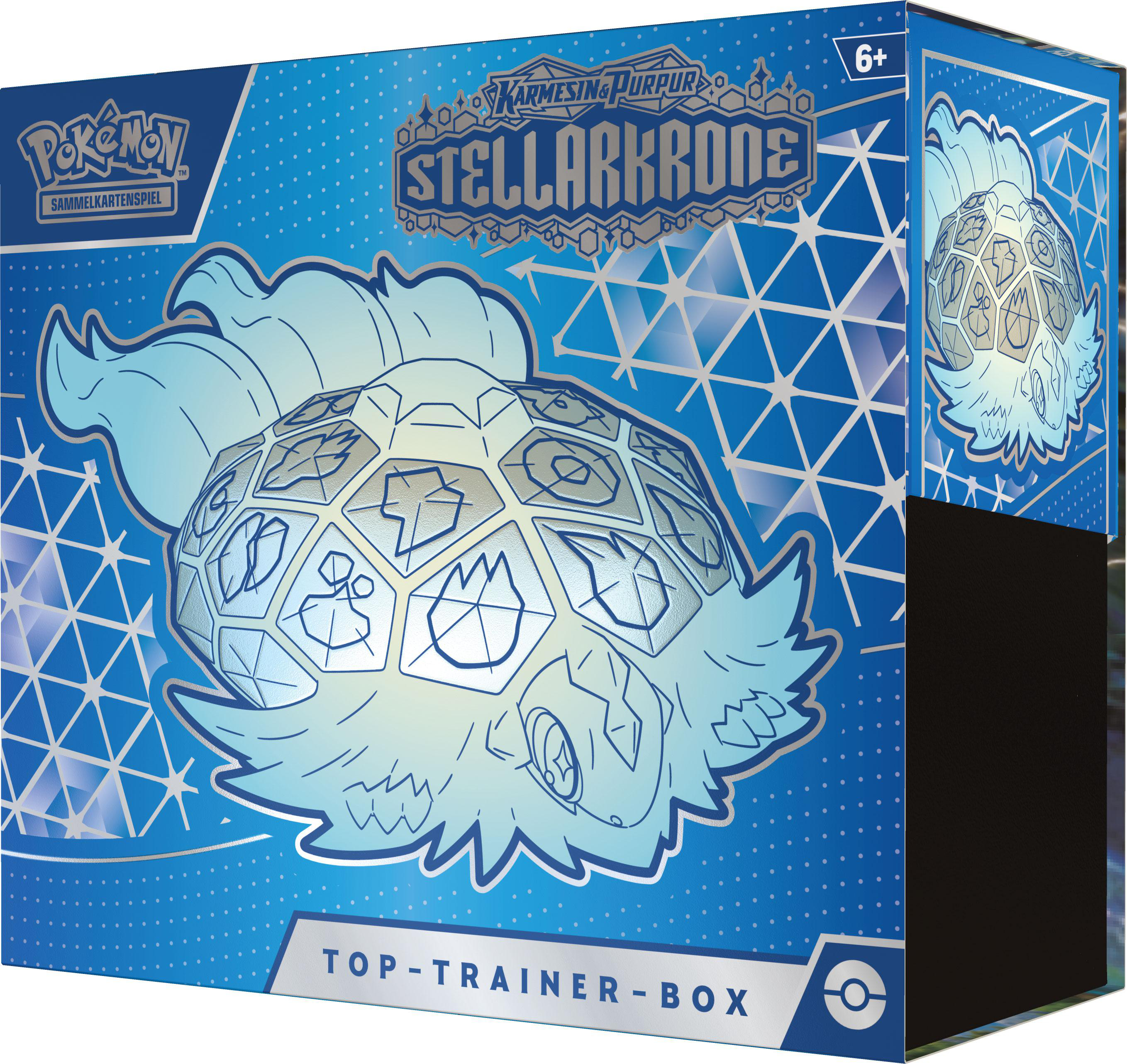 Pokemon Top Trainer Box mit einer blauen Box und einer Grafik eines Pokemons mit metallischem Hintergrund.