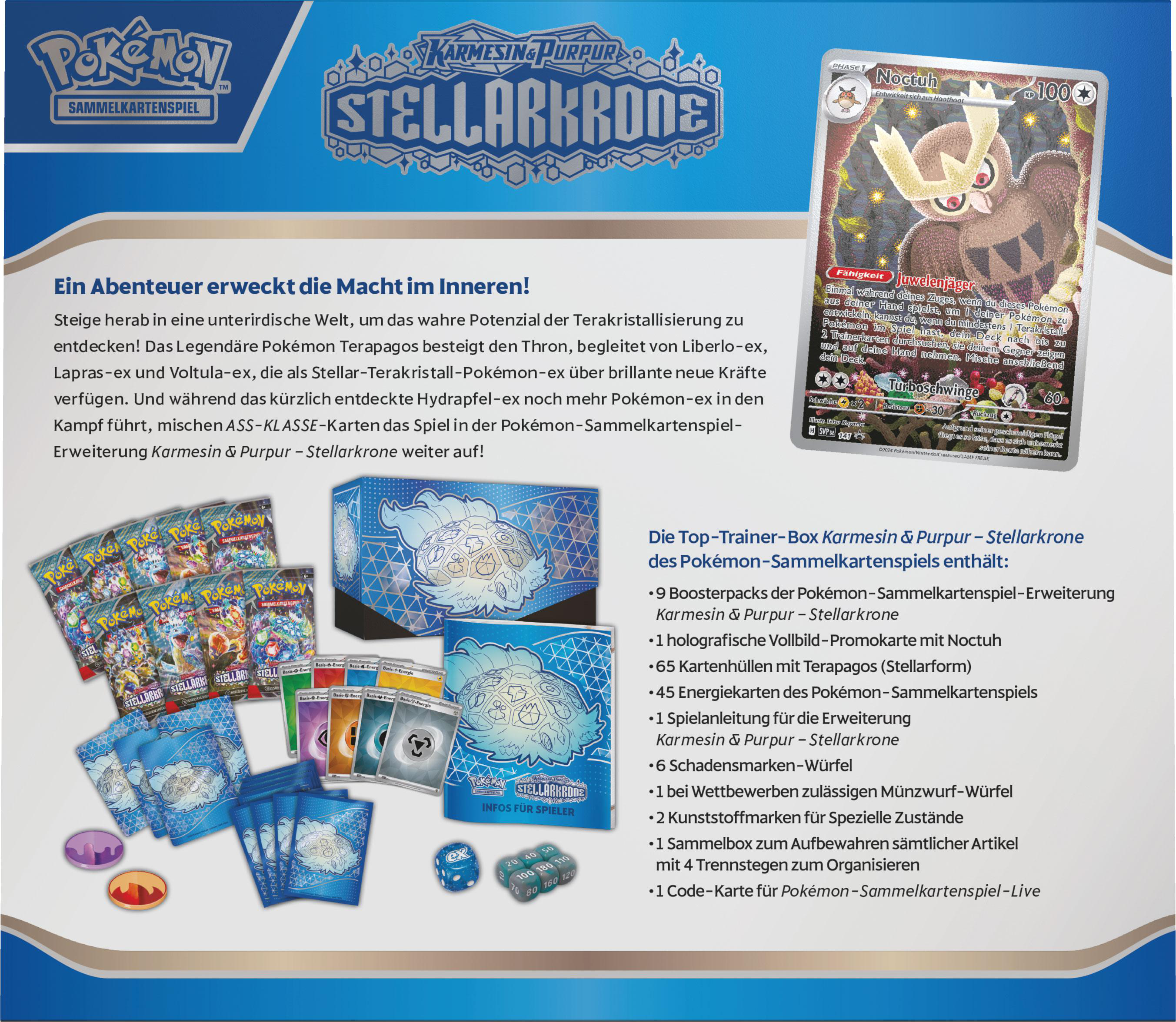 Werbebild für ein Pokémon-Kartenspiel mit verschiedenen Packs, Karten und Text.