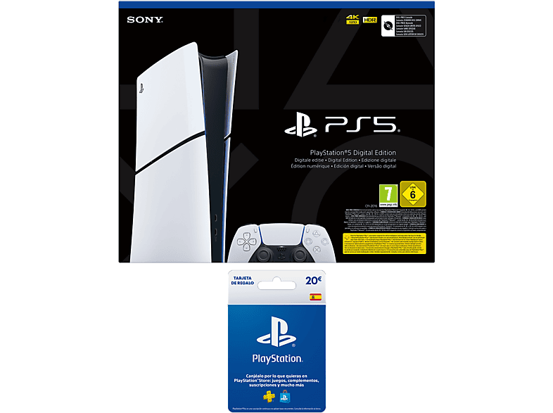 Consola - Sony PS5 Slim Digital Edition, 1 TB SSD, 4K, Chasis D, Blanco + Tarjeta PS Plus 20€