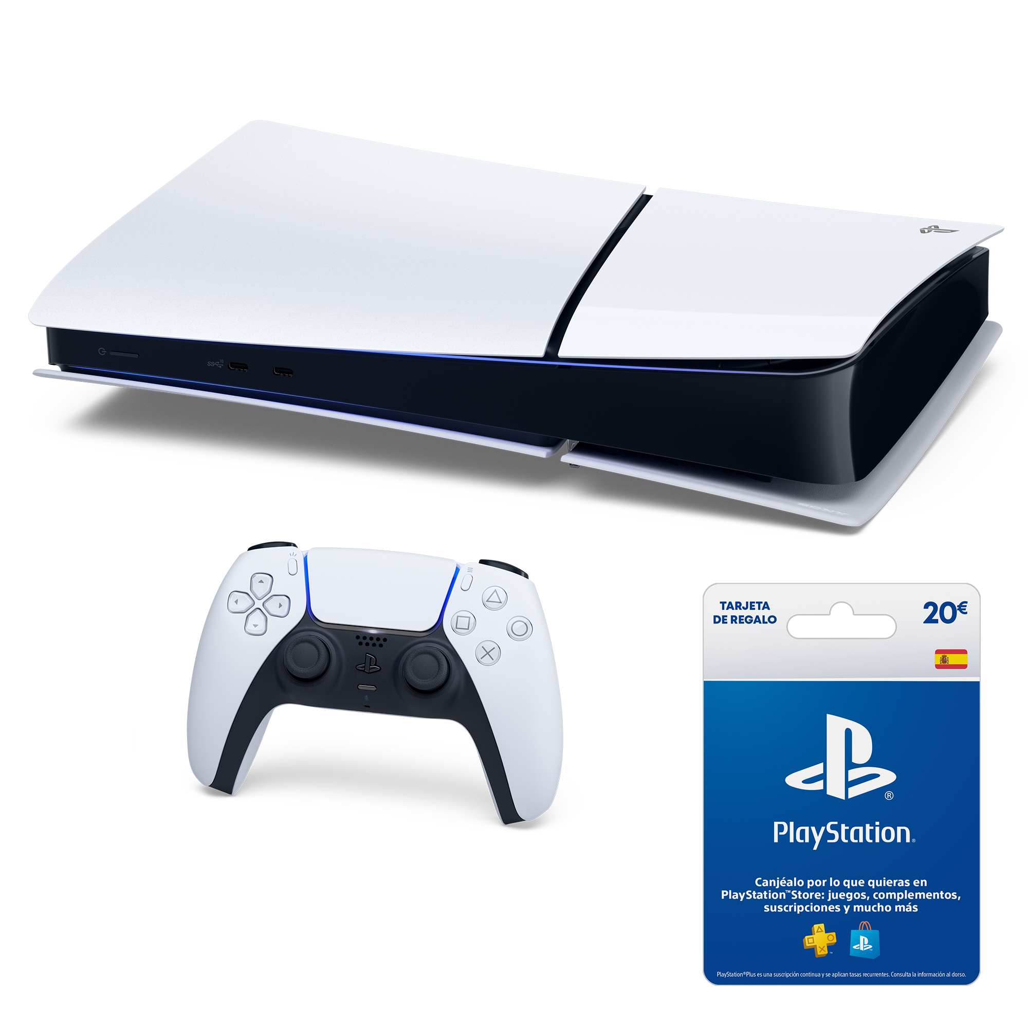 Una consola Playstation 5, un mando y una tarjeta de regalo, todo sobre un fondo blanco.