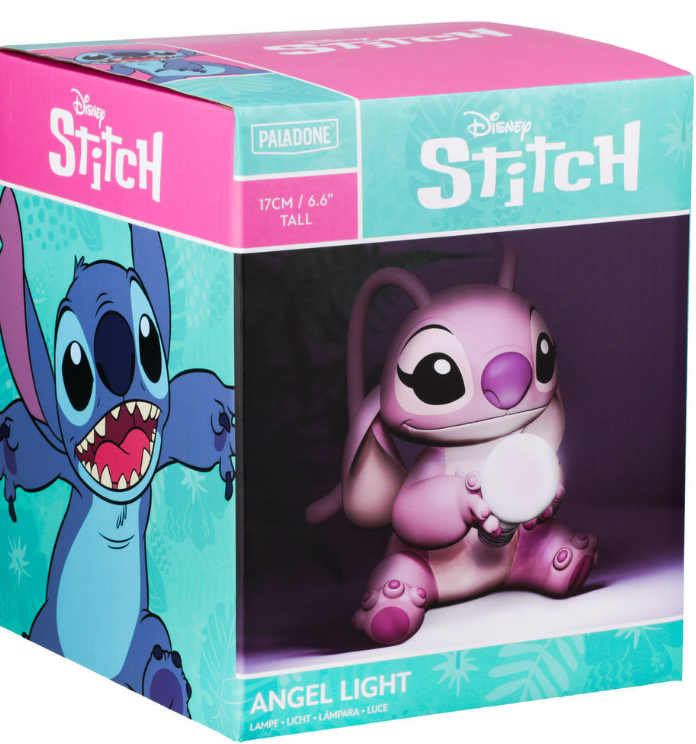 Eine Box mit einer Disney Stitch-Lampe. Die Lampe ist rosa und hält ein Licht.