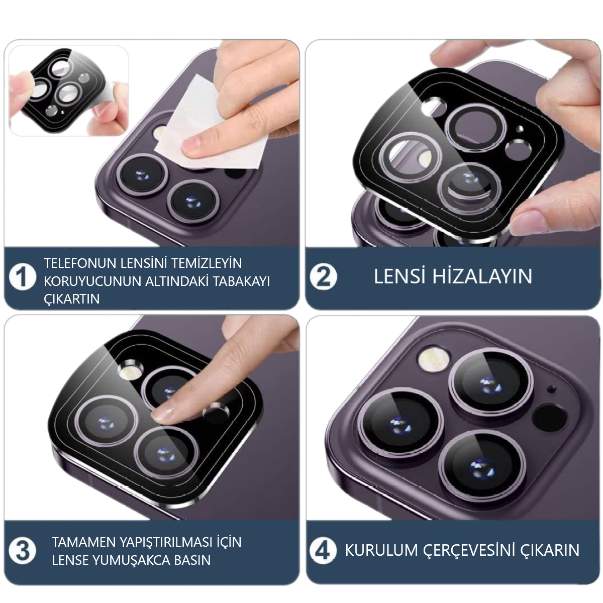 Mor bir telefona ekran koruyucu uygulamasını gösteren dört panelli bir görüntü.
