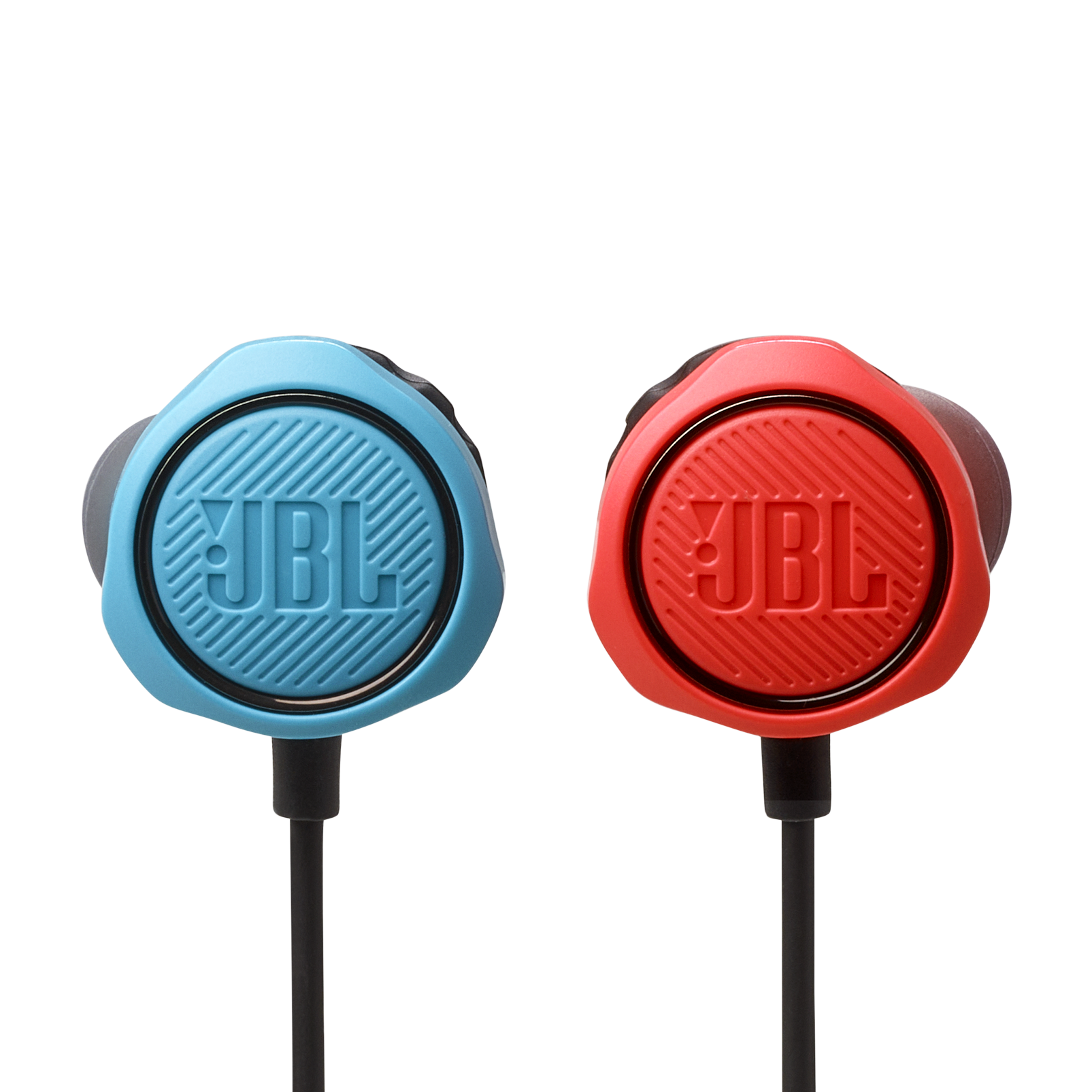 İkisi de JBL logosu taşıyan, biri mavi diğeri kırmızı iki JBL kulaklık.