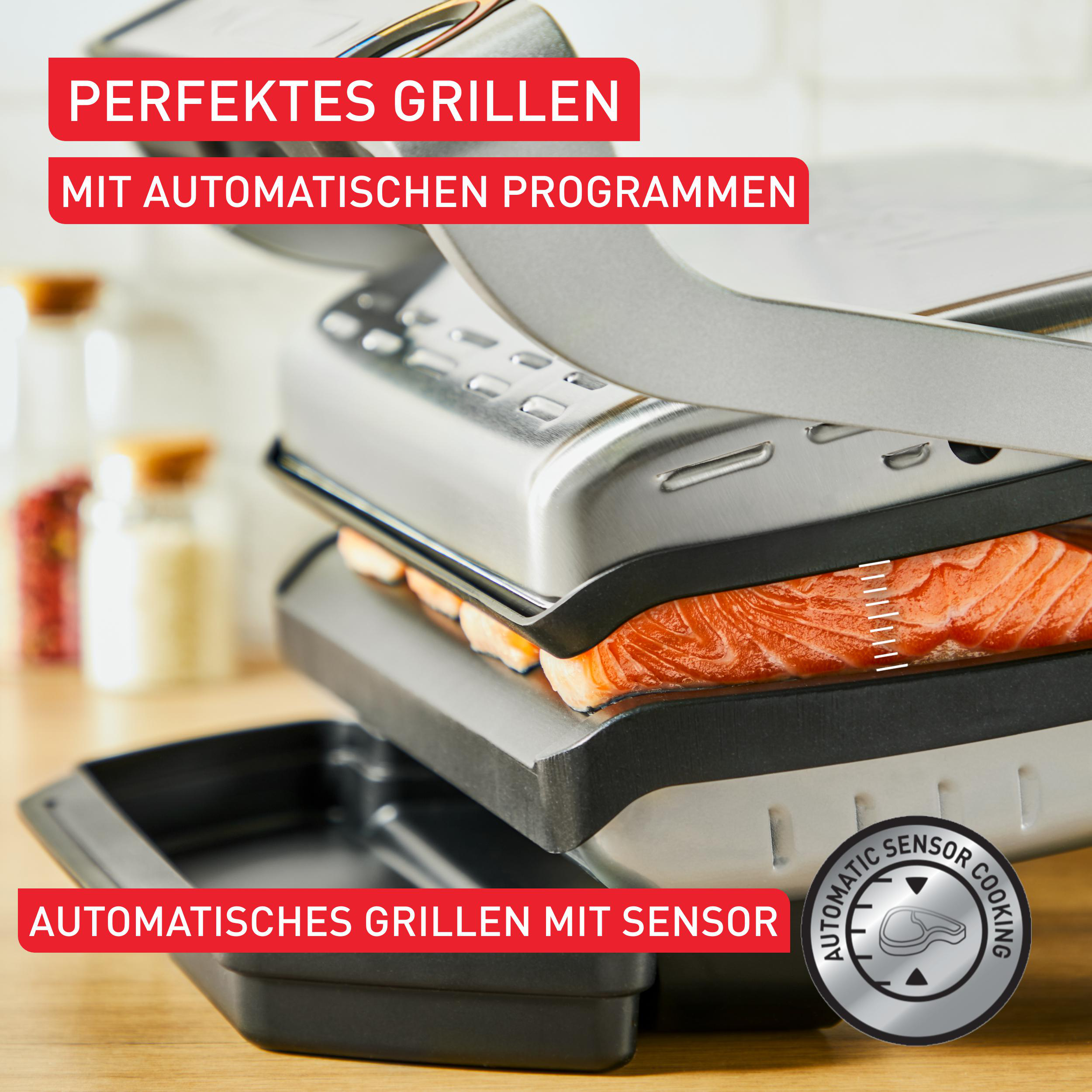 Ein Grill mit kochendem Lachs. Der Text lautet 'AUTOMATISCHES GRILLEN MIT SENSOR'.