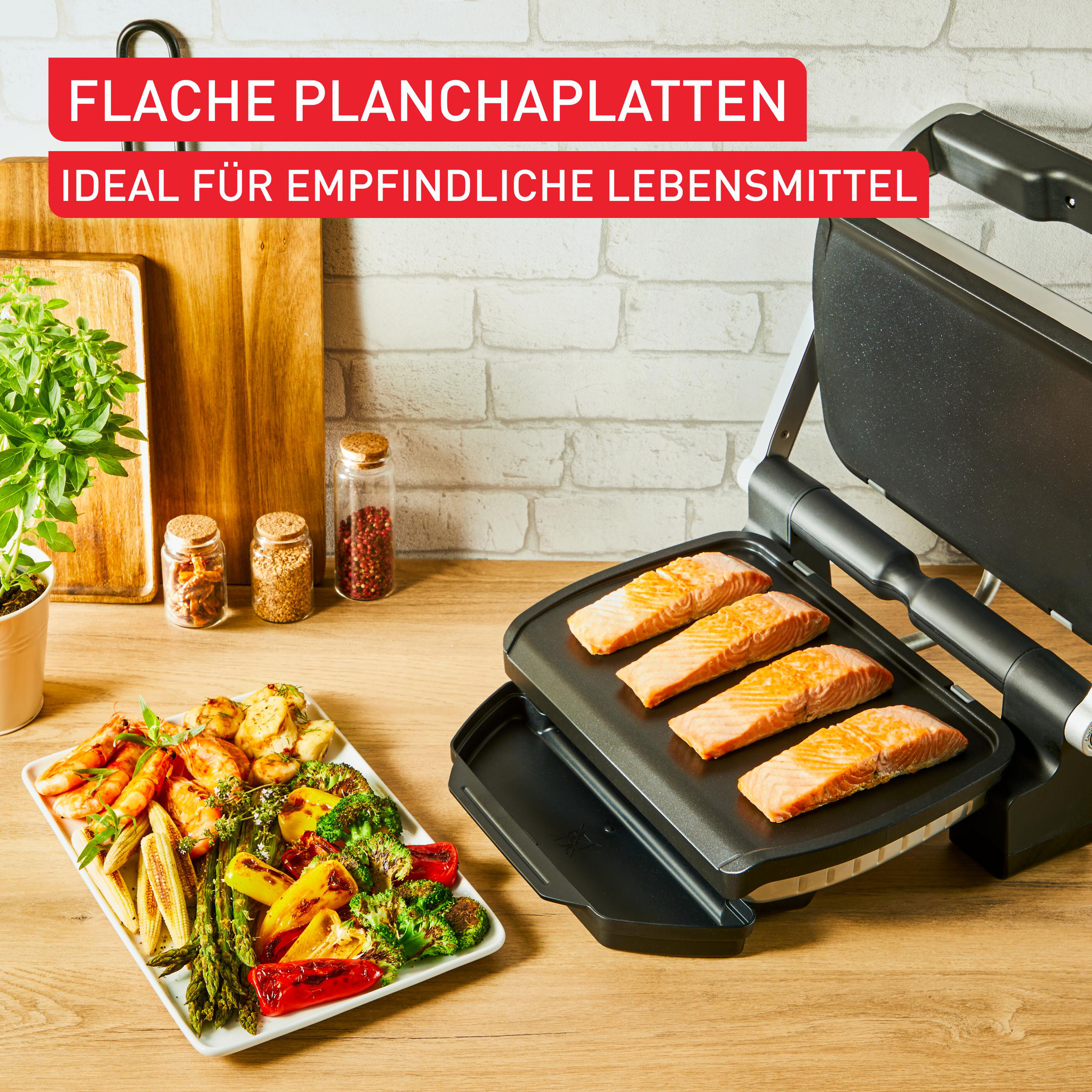 Ein Grill mit Lachsfilets und Gemüse. Text lautet 'Ideal für empfindliche Lebensmittel' und 'Flache Plancha-Platten'.