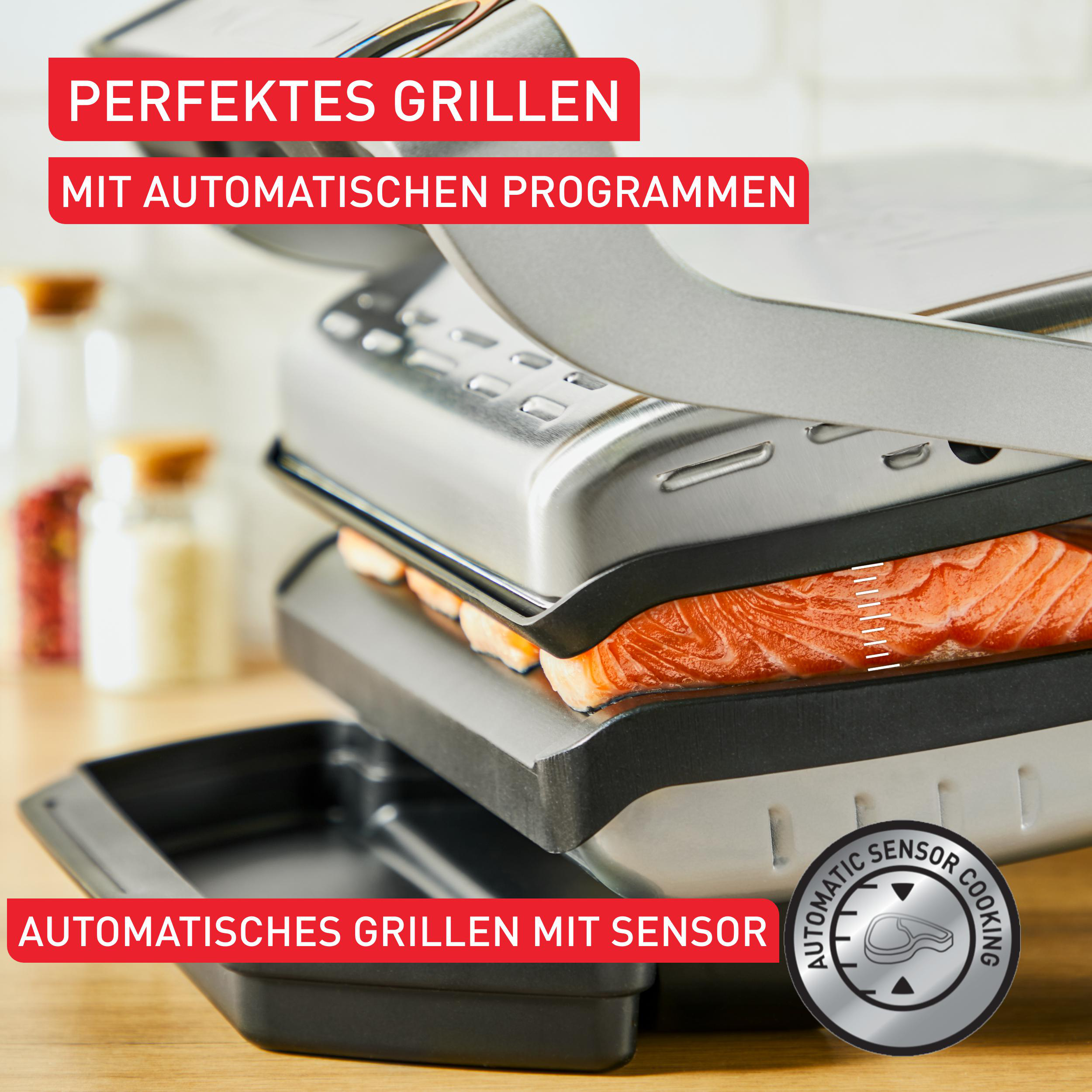 Ein Grill mit Lachs. Text: Perfektes Grillen mit automatischen Programmen und automatischer Sensor-Kochung.