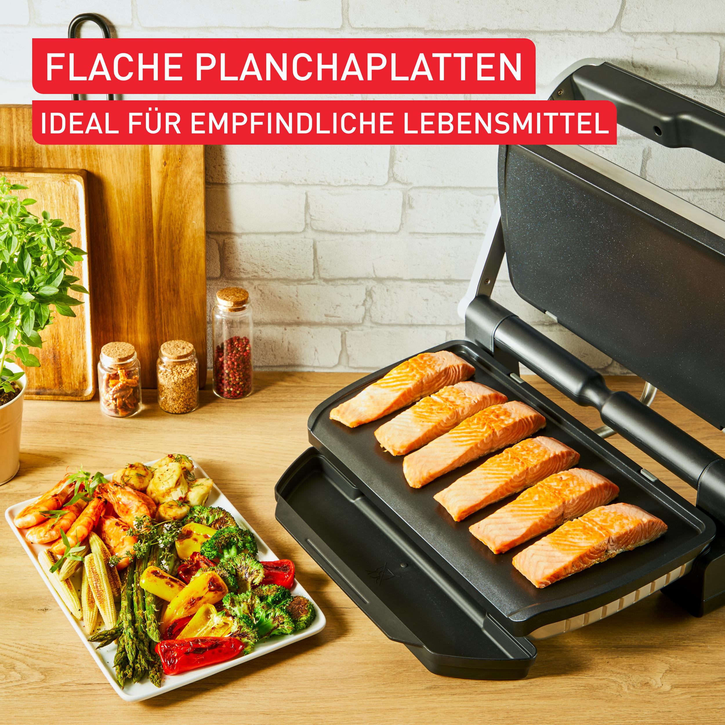 Grill mit Lachs und Gemüse. Text: "FLACHE PLANCHAPLATTEN IDEAL FÜR EMPFINDLICHE LEBENSMITTEL".