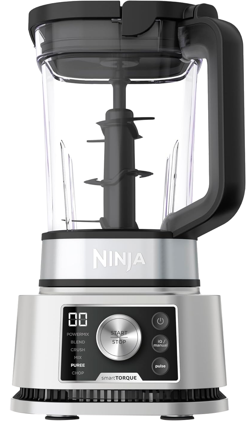 Ninja turmixgép, ezüst alap, átlátszó tartály és fekete fogantyú.