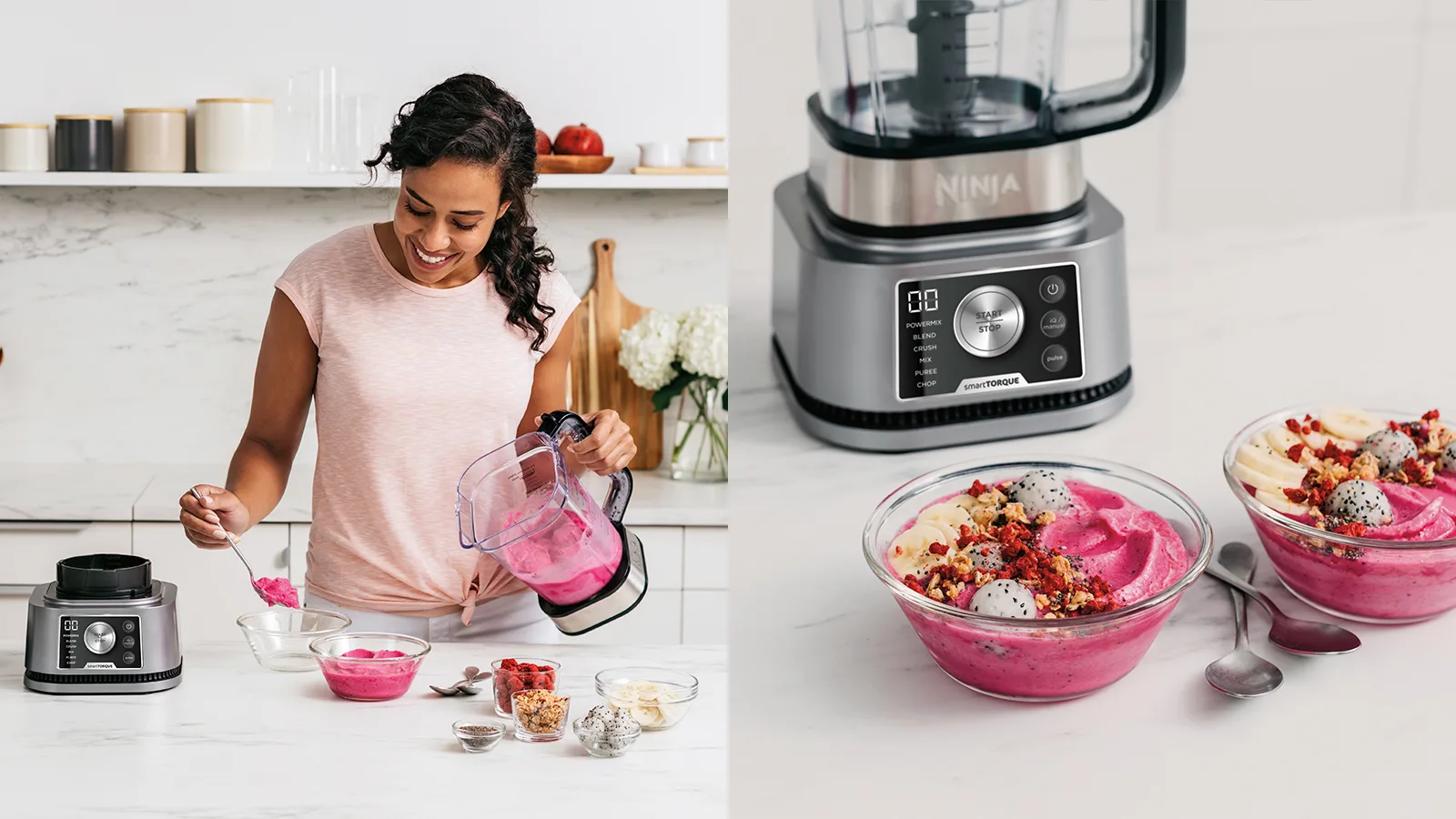 Egy személy smoothie-t készít, hozzávalók és tálak a közelben.