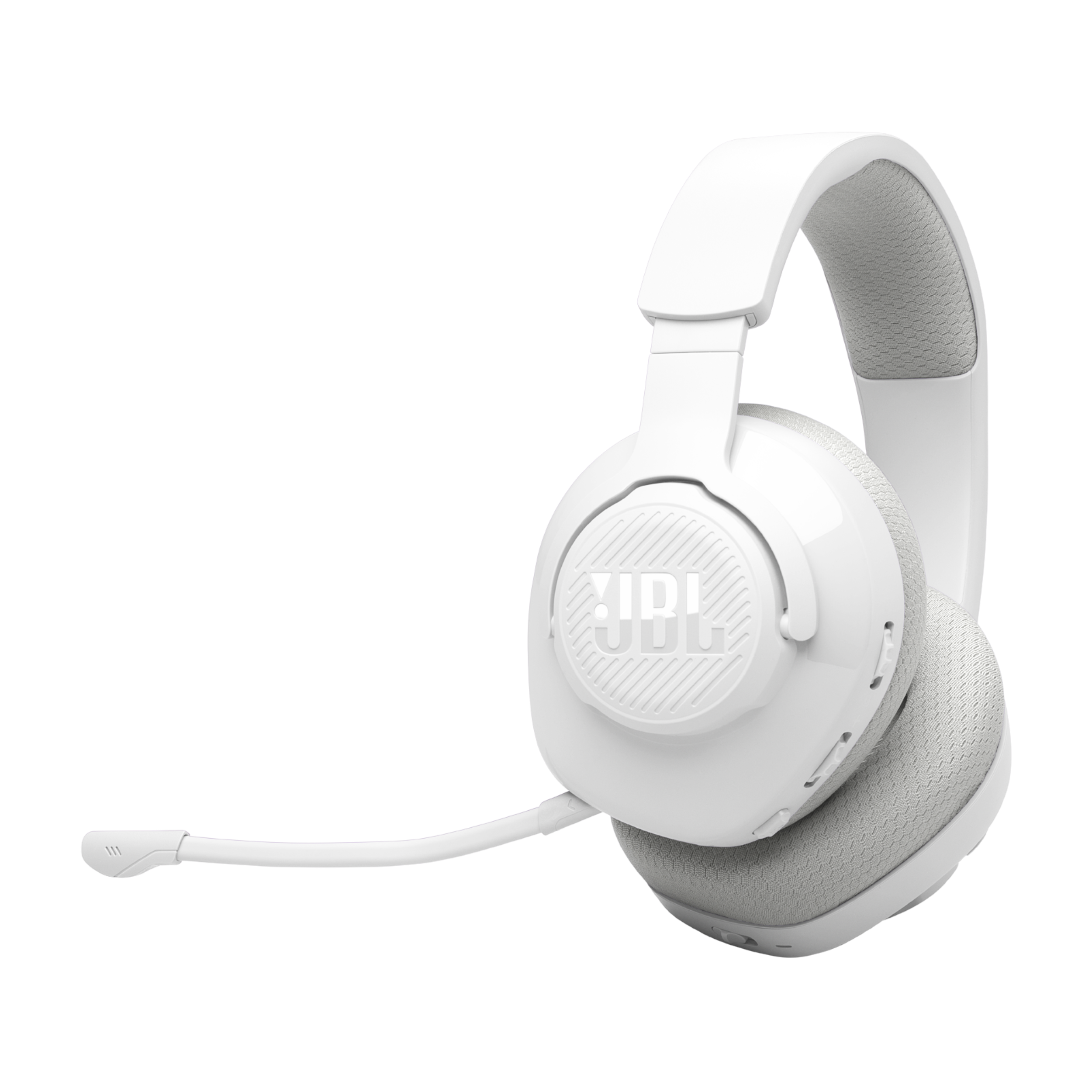 Mikrofonlu beyaz JBL kulaklık. Siyah arka plan.