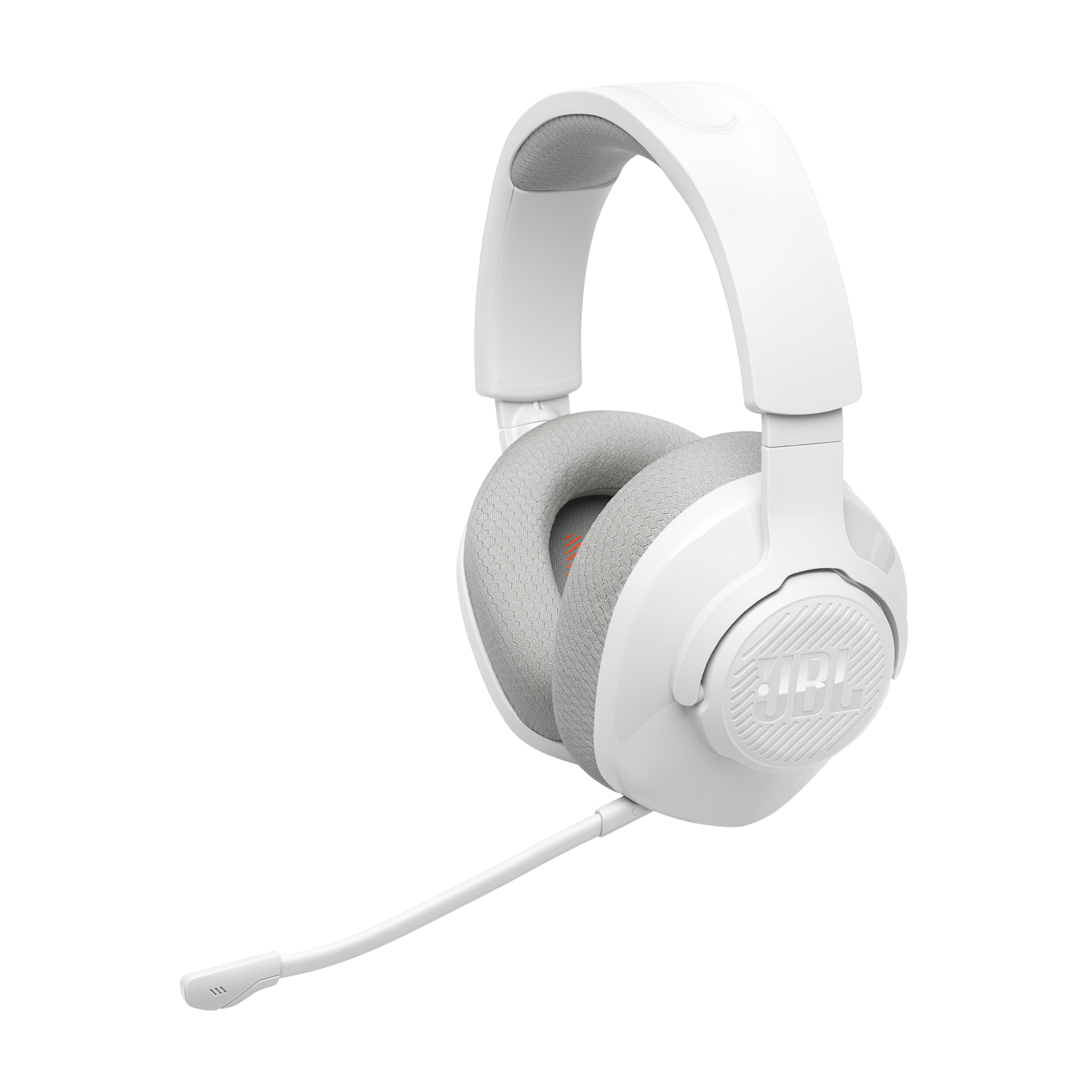Mikrofonlu beyaz JBL kulaklık, koyu bir arka plan üzerinde.