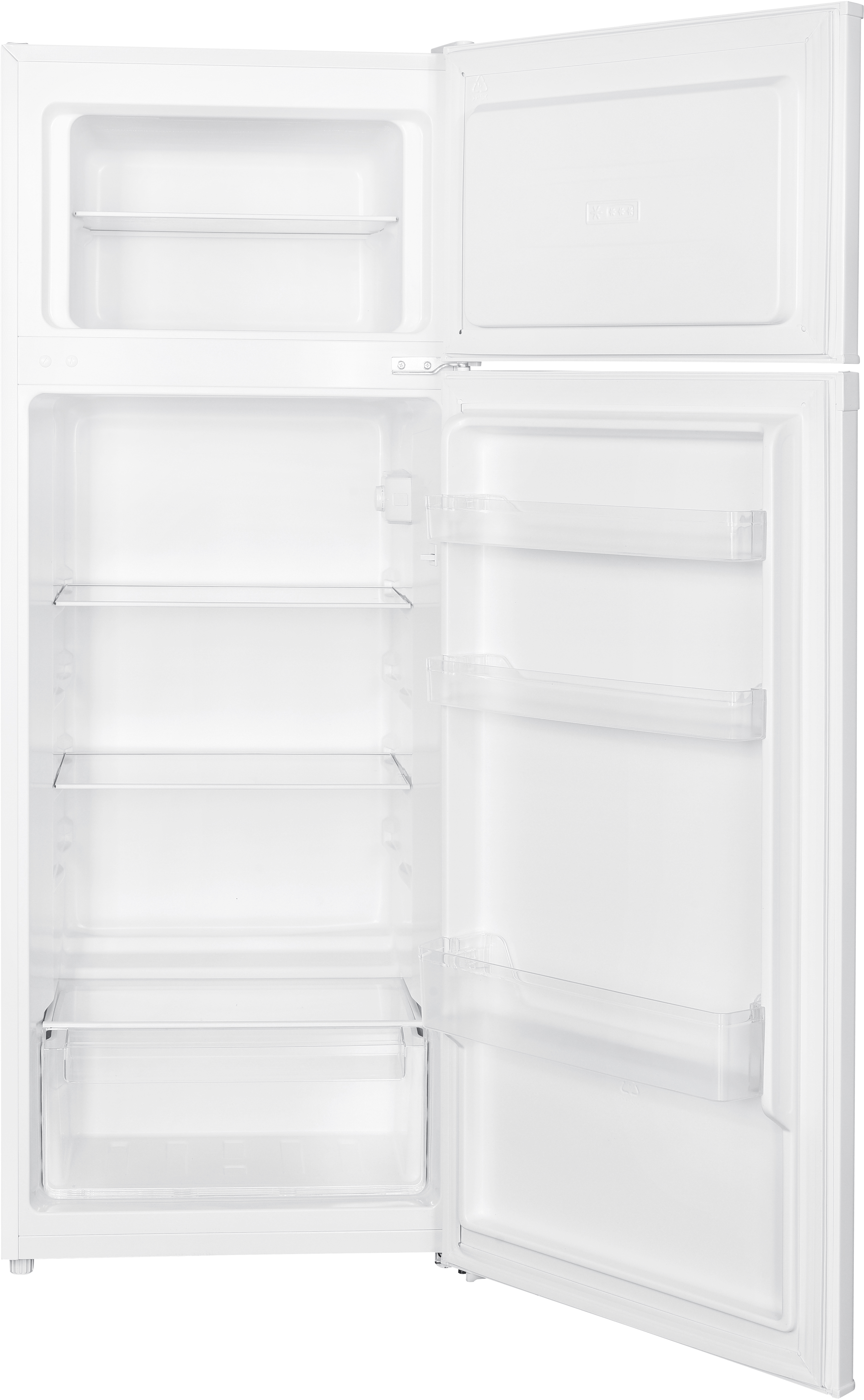 Réfrigérateur blanc ouvert avec étagères et tiroir, sur fond blanc.