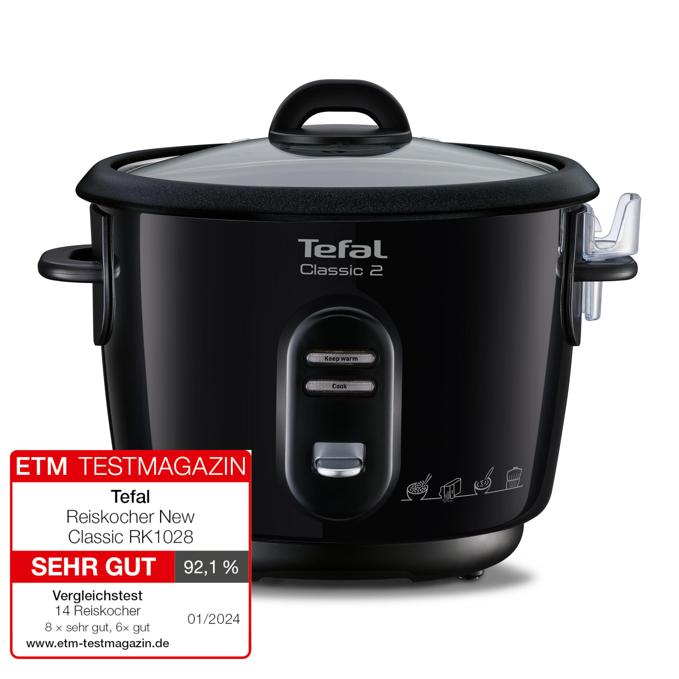 Schwarzer Tefal Classic 2 Reiskocher mit Glasdeckel und Bewertungsetikett.