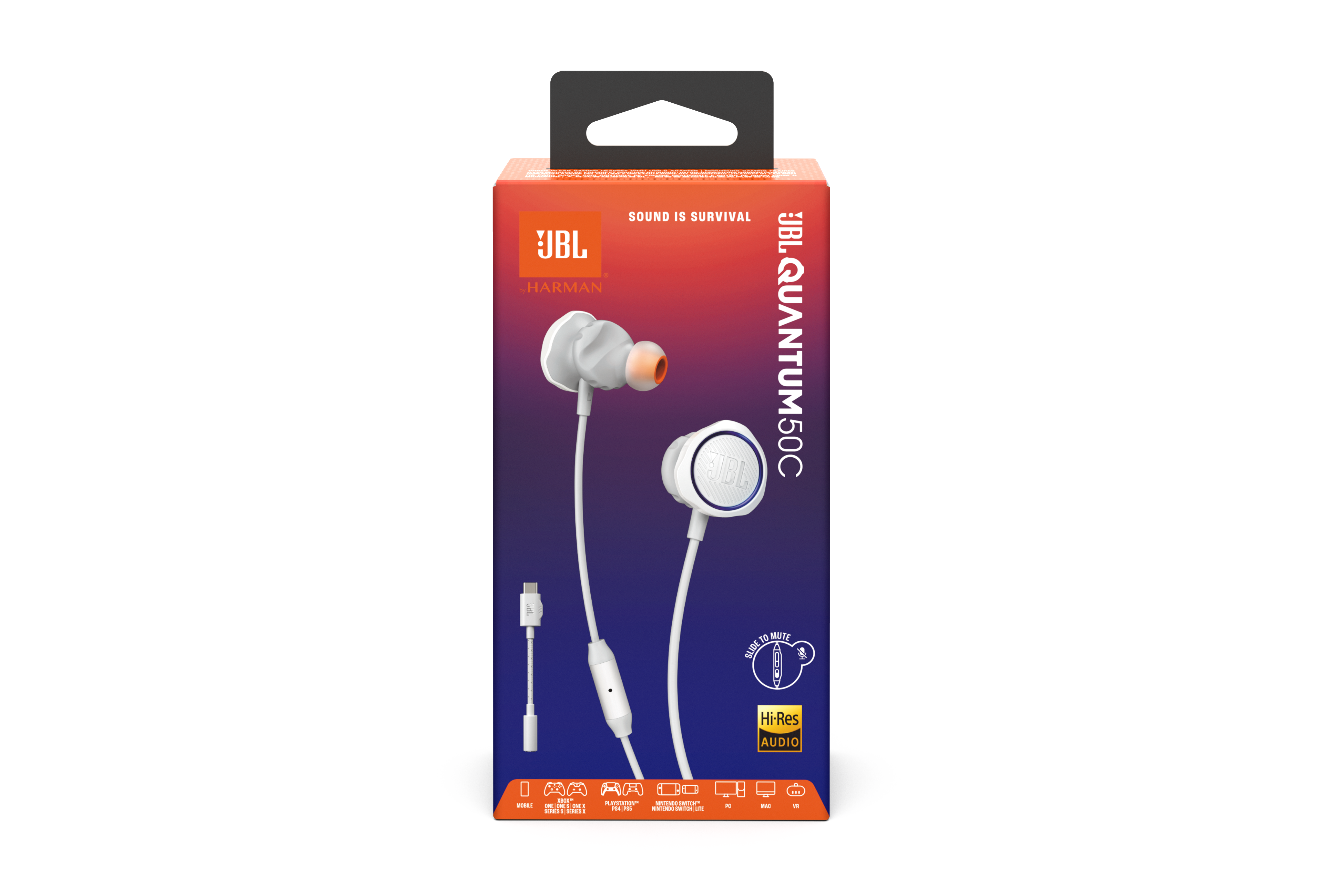 Bir kutuda bir JBL Quantum 50C kulaklık seti. Kutuda, kulaklıkların görüntüleriyle kırmızı ve mavi bir tasarım var.
